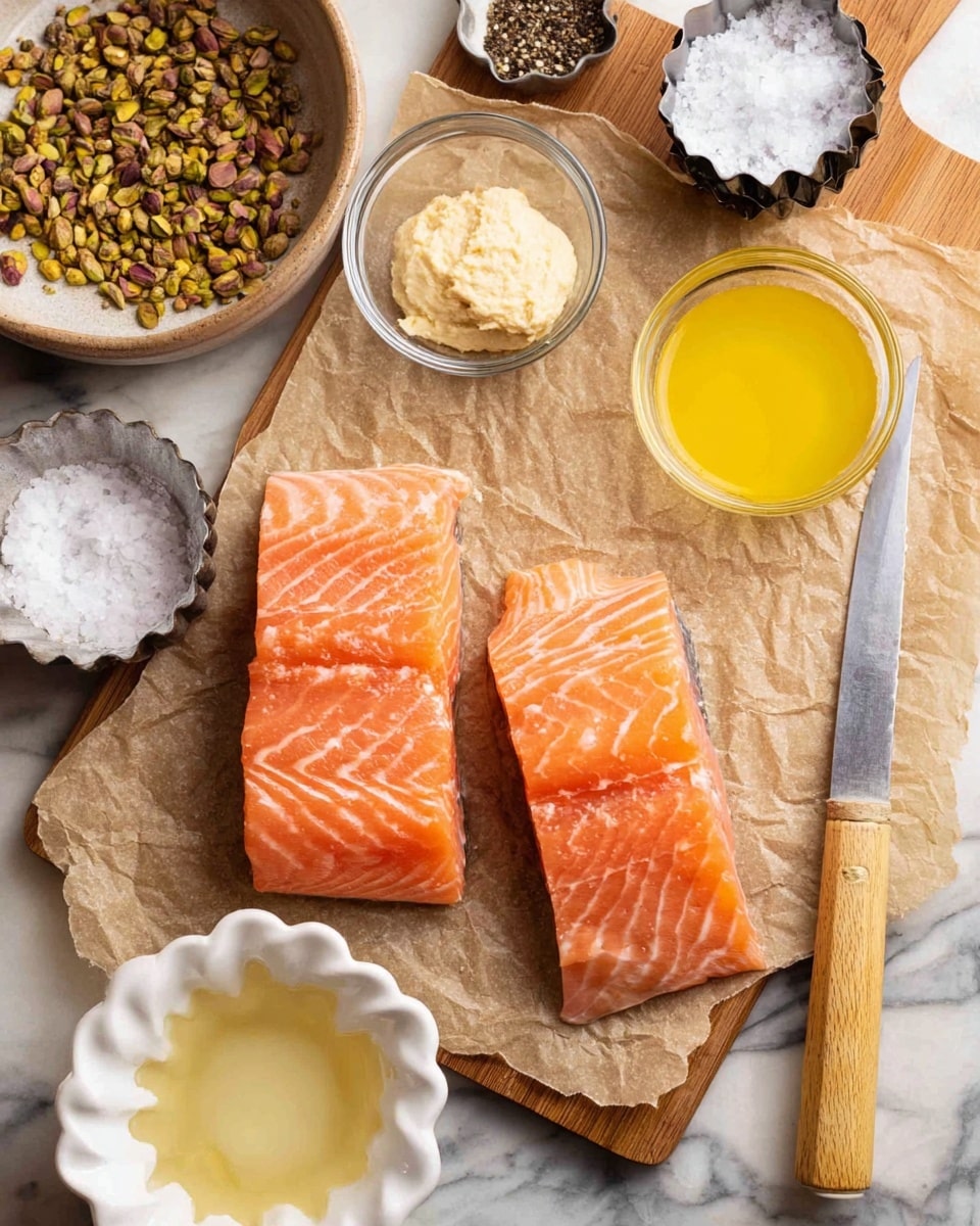 Two raw orange salmon pieces with white marbled lines lie on wrinkled brown paper on a wooden board. Around them are small clear glass bowls holding a light yellow paste and a pale liquid. A small silver cup is filled with coarse white salt, and a small flower-shaped metal cup contains ground black pepper. A white scalloped ceramic dish holds yellow olive oil. A bowl with crushed greenish-brown pistachios is partly seen on the left side. A large knife with a light wooden handle rests diagonally near the salmon. The whole scene is set on a white marbled surface. Photo taken with an iphone --ar 4:5 --v 7