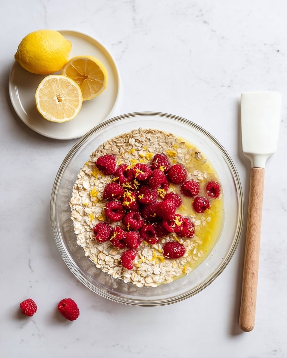 A clear glass bowl sits on a white marbled surface, filled with three main layers: a base layer of light beige oats spread evenly, topped with bright red raspberries scattered across the oats, and a light yellow liquid with lemon zest sprinkled mainly in the center. To the left of the bowl, there is a small white plate holding a halved and squeezed lemon beside a whole lemon half. At the top right of the image, a white spatula with a wooden handle is placed flat on the surface. The overall scene is bright and clean, highlighting the fresh ingredients photo taken with an iphone --ar 4:5 --v 7