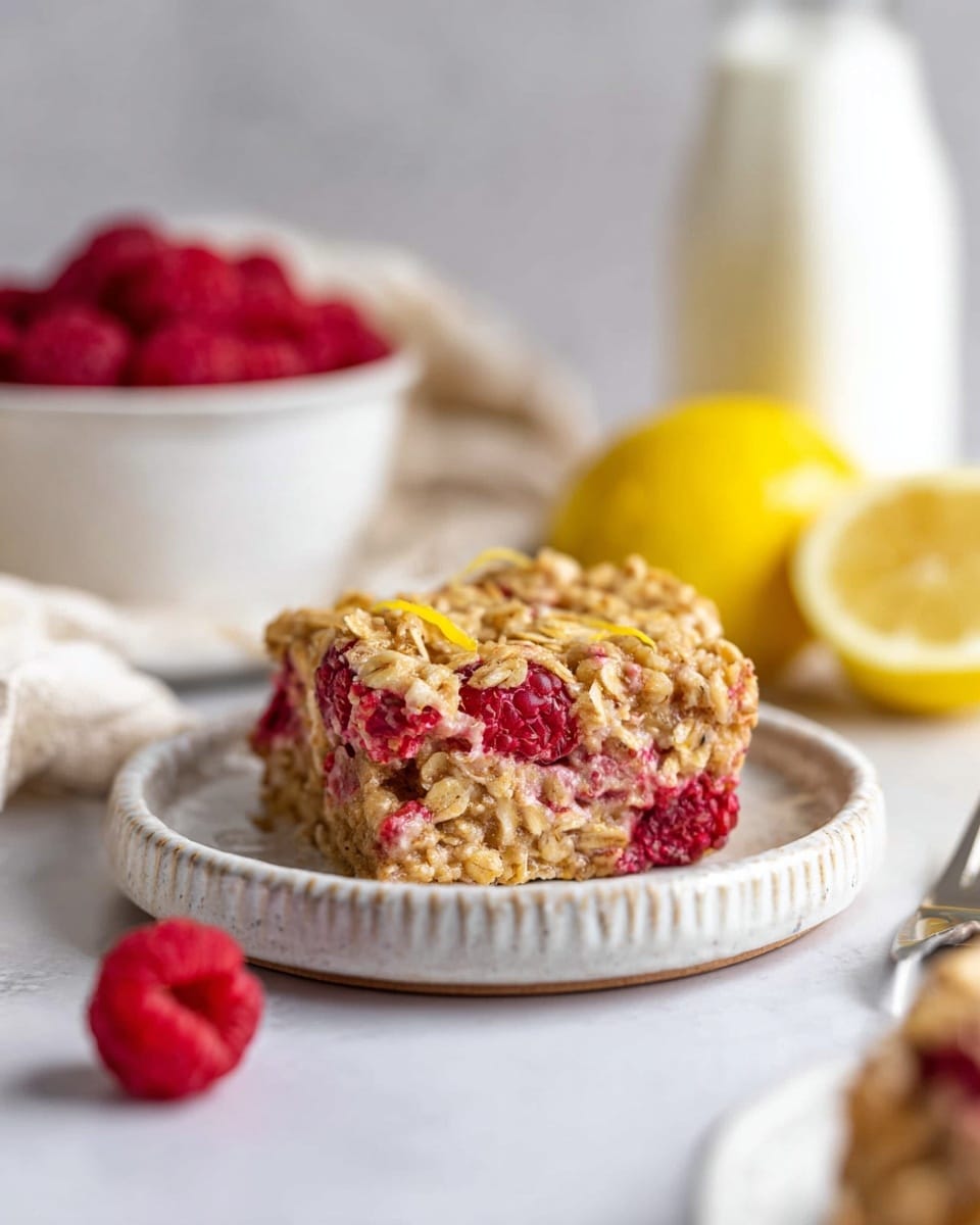 A single square serving of baked oatmeal with visible layers of soft, light brown oats and mixed bright red raspberries spread inside and on top. It is placed on a small white plate with a textured surface. Around it, there is a fresh raspberry on a white marbled surface in front, a white bowl filled with more raspberries to the left, a yellow lemon with a wedge cut on the right, and a tall glass milk bottle blurred in the background. The overall setting is bright with soft natural light. photo taken with an iphone --ar 4:5 --v 7