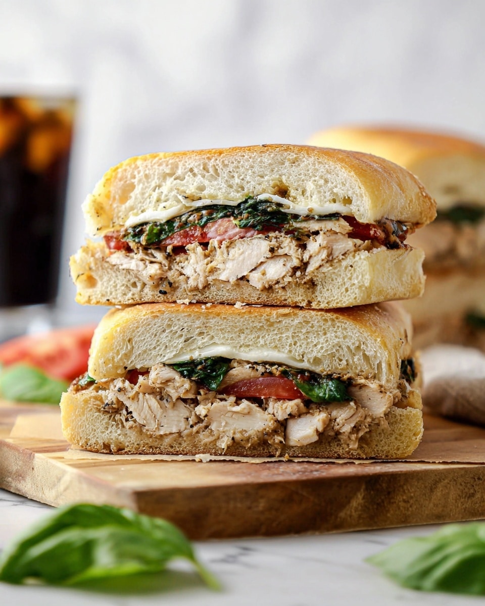 A sandwich cut in half and stacked, showing four layers inside thick, soft ciabatta bread with a light golden crust; the bottom layer is juicy, cooked chicken with a slightly textured surface, above that is melted white cheese, then fresh green spinach leaves, and on top, a slice of red tomato; the sandwich is placed on a wooden board with some green basil leaves nearby and a blurred dark drink in the background on a white marbled surface. photo taken with an iphone --ar 4:5 --v 7