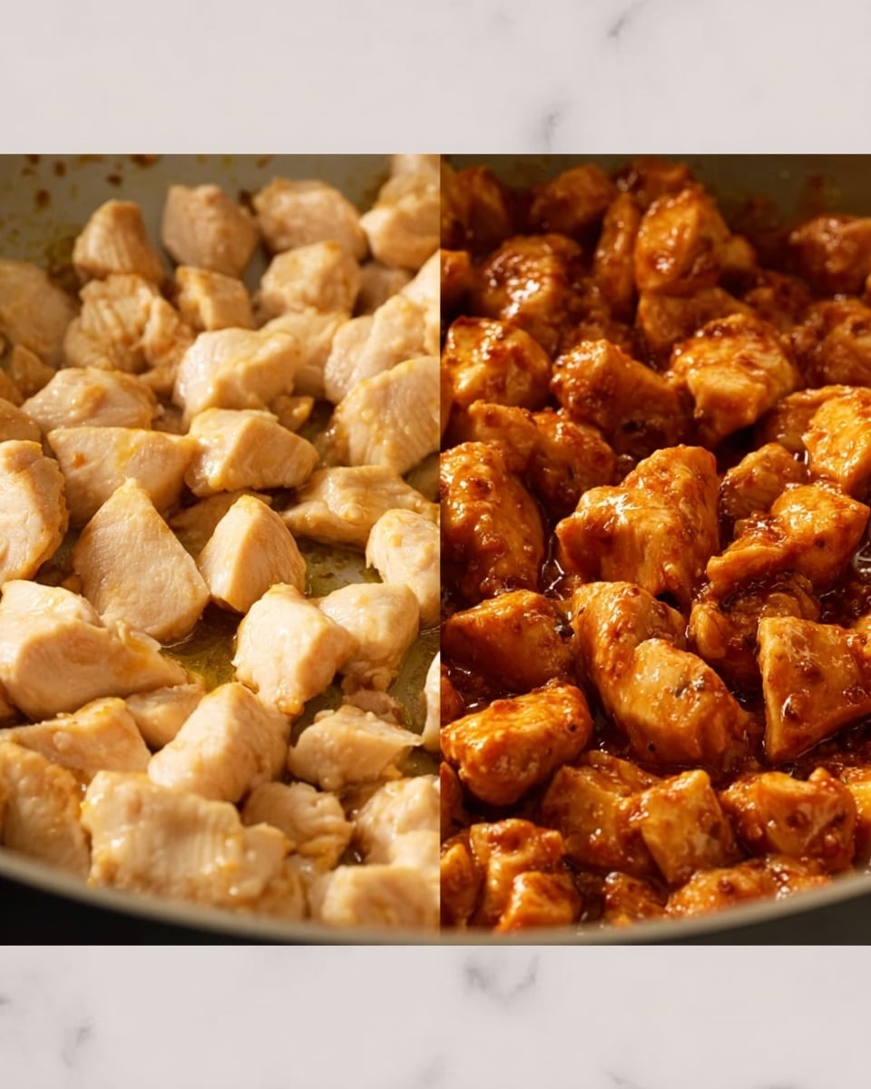 The image shows two side-by-side close-up views of chicken pieces in a pan on a white marbled surface. On the left side, the chicken is plain, with a pale, creamy color and a soft texture. The pieces are small and evenly spread, showing slight shine from cooking. On the right side, the chicken pieces are covered in a rich, thick reddish-orange sauce with visible small herbs or spices, giving them a glossy, well-coated look. The texture appears tender and moist with the sauce clinging well to each piece. Photo taken with an iphone --ar 4:5 --v 7