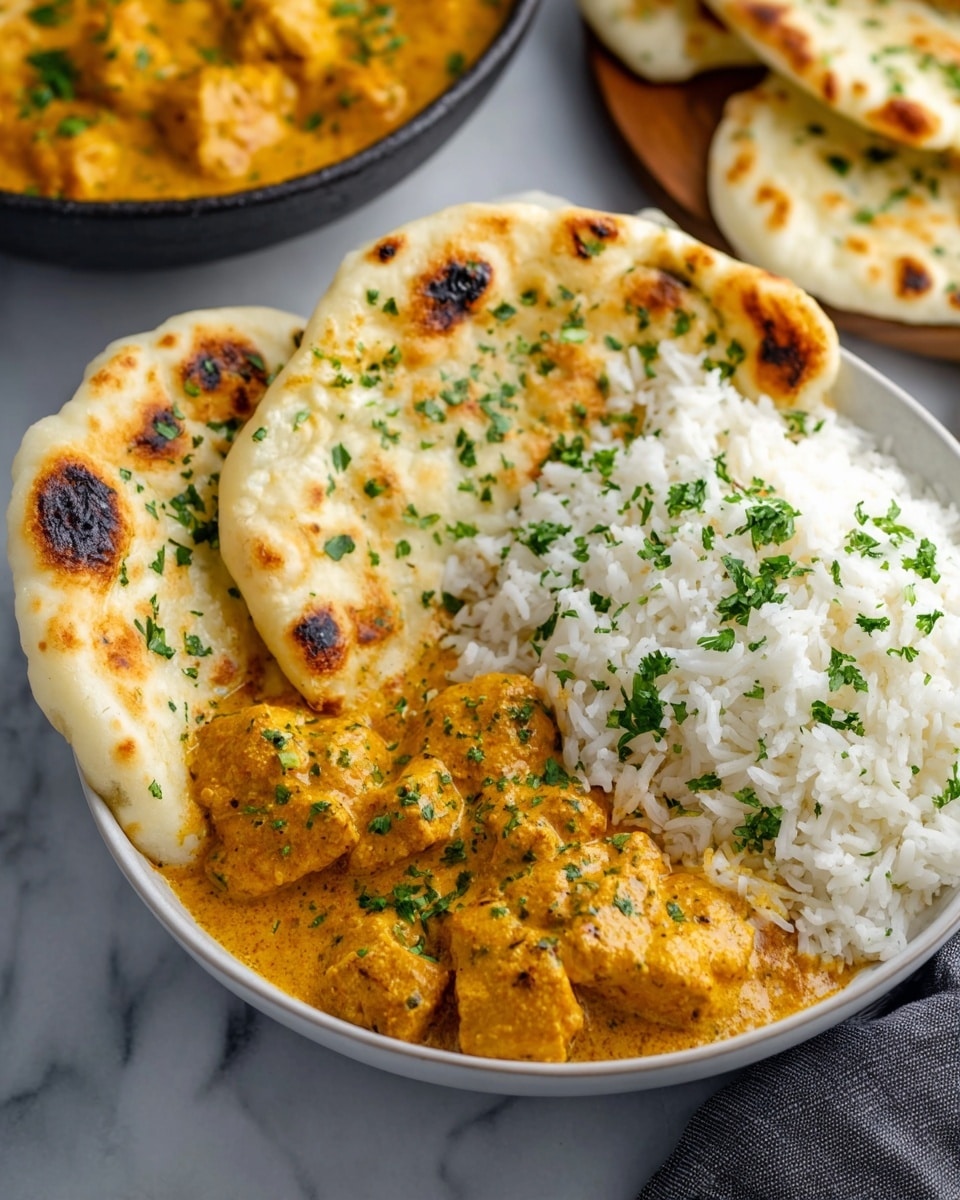 A white bowl filled with three main layers: on the left, two pieces of warm naan bread with golden brown toasted spots, lightly speckled with herbs; to the right, a mound of fluffy white rice topped with green chopped cilantro; in the front lower half, chunks of creamy orange-colored curry sauce with herbs sprinkled on top. The bowl sits on a white marbled surface with additional pieces of naan bread and another bowl of orange curry blurred in the background. photo taken with an iphone --ar 4:5 --v 7