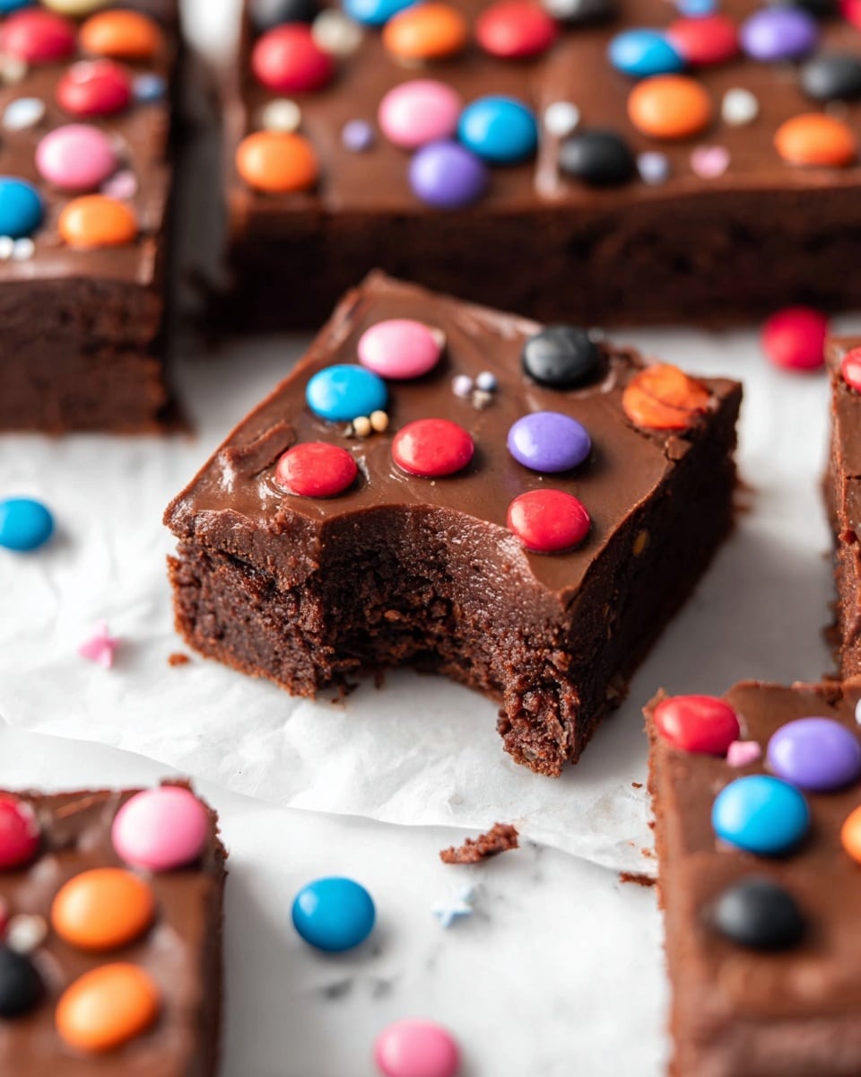 The image shows a square chocolate brownie topped with a smooth, shiny layer of chocolate frosting, decorated with small round colorful candy pieces in shades of blue, purple, orange, pink, red, and black. The brownie is thick with a rich, dark brown texture, and one piece is lifted up showing a moist interior with a bite taken out. The brownies are arranged on white parchment paper on a white marbled surface, and more brownies with the same frosting and candies are visible around the main piece, creating a colorful and inviting appearance. photo taken with an iphone --ar 4:5 --v 7