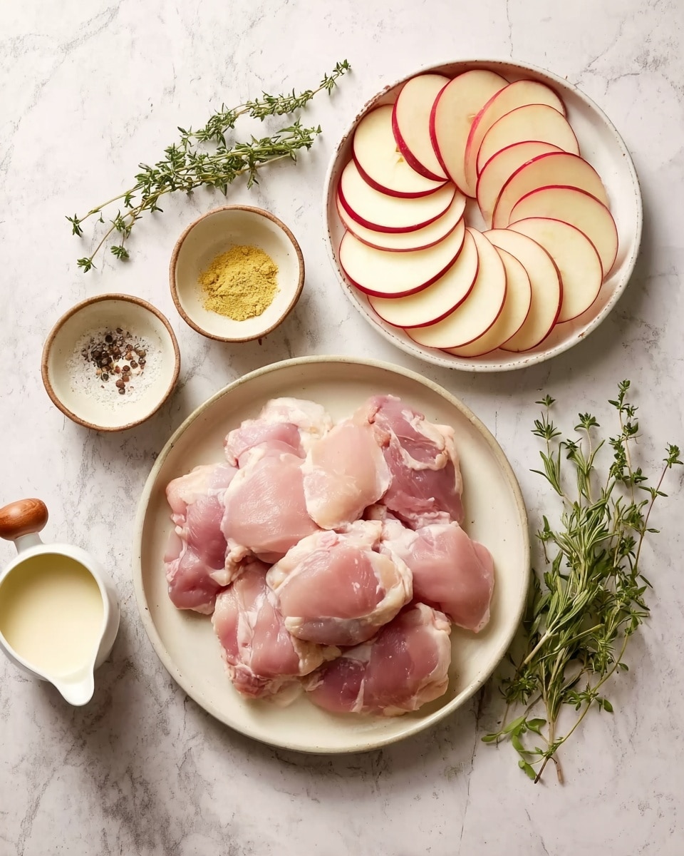 The image shows a white round plate filled with raw pink chicken thighs, placed on a white marbled surface. Above the plate, there is another white round plate holding many thin slices of apple with light cream centers and pinkish-red edges, arranged in a neat overlapping circle. Around the plates, on the surface, there are small bowls and containers: one small bowl contains a yellow coarse substance (likely mustard or minced ginger), another small bowl has a mix of black pepper and salt, and a small white ceramic measuring jug with a wooden handle holds a creamy white liquid. Sprigs of green herbs like rosemary and thyme are placed artistically around the dishes. The setup is well-lit, clear, and minimalistic. Photo taken with an iphone --ar 4:5 --v 7