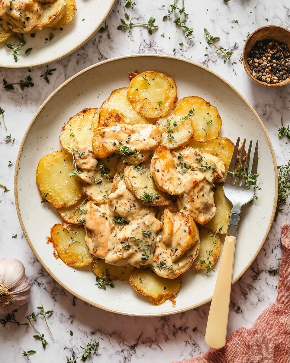 The dish shows one white plate filled with round potato slices arranged in a flat layer as the base; the potatoes are golden brown with crispy edges and some creamy sauce over them. On top, several cooked chicken pieces are placed unevenly, coated in a light brown, creamy sauce with black pepper specks, giving a tender and juicy look. Small green herb sprigs decorate the chicken pieces, adding a fresh touch. A fork with a beige handle rests on the plate’s edge, and the plate sits on a white marbled surface with scattered green herbs around, alongside a whole garlic bulb and a small bowl of pepper. photo taken with an iphone --ar 4:5 --v 7