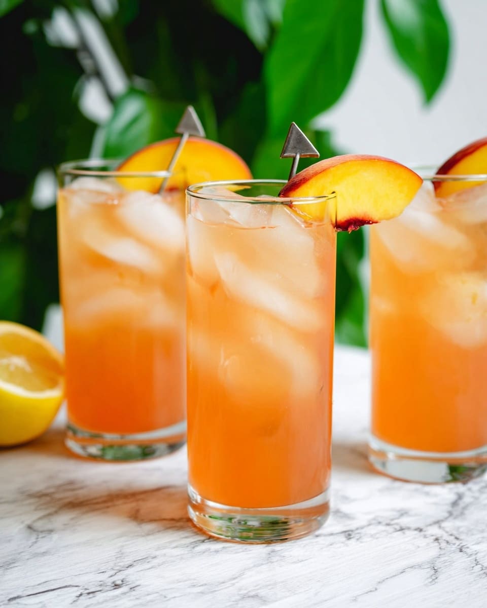 Three tall clear glasses are filled with a light orange drink and several large ice cubes. Each glass has a slice of lemon inside near the edge, adding a splash of yellow. A bright orange peach slice is placed on the rim of each glass, held by a small silver arrow-shaped pick. In the background, green leaves are softly blurred, adding a fresh feel. The glasses sit on a white marbled surface, which contrasts with the colorful drinks. photo taken with an iphone --ar 4:5 --v 7