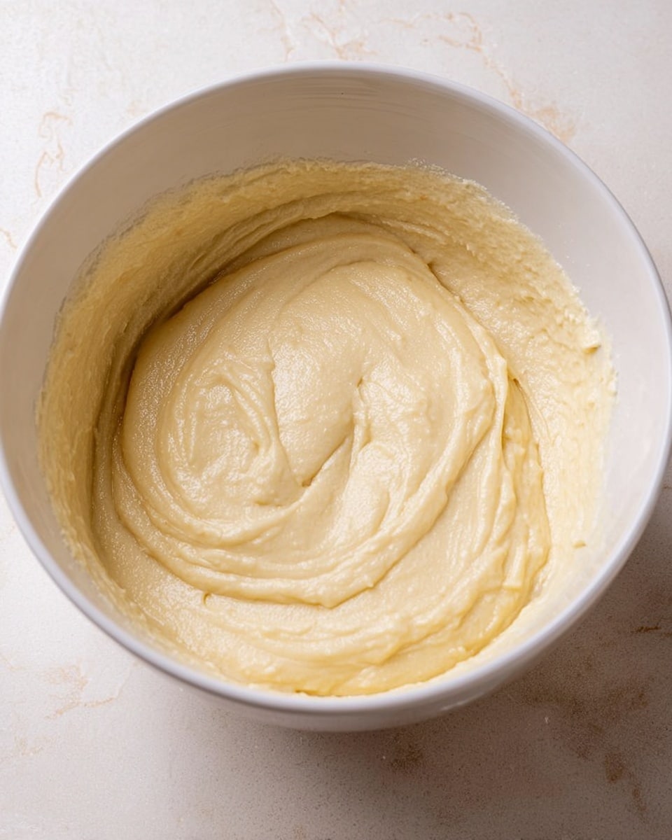 The image shows a close-up of a white bowl filled with a creamy, pale yellow batter. The batter has a smooth and thick texture with gentle swirls and soft peaks spread evenly inside the bowl. The bowl is placed on a white marbled surface that contrasts softly with the batter's color. No other objects or layers are visible in the scene. photo taken with an iphone --ar 4:5 --v 7