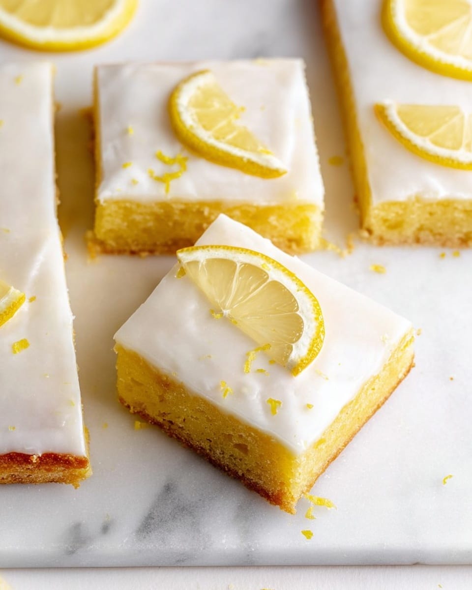 The image shows four square lemon bars arranged on a white marbled surface, with a close-up on one bar lifted to reveal two layers: a thick, moist yellow base with a slightly crumbly texture and a smooth, glossy white icing layer on top. Two of the bars have small triangular lemon slices placed on the icing, adding a fresh pop of yellow and white contrast. The edges of the bars are clean and straight, while the icing has a creamy but slightly uneven spread. Small bits of lemon zest are sprinkled lightly on the icing for texture and color. photo taken with an iphone --ar 4:5 --v 7