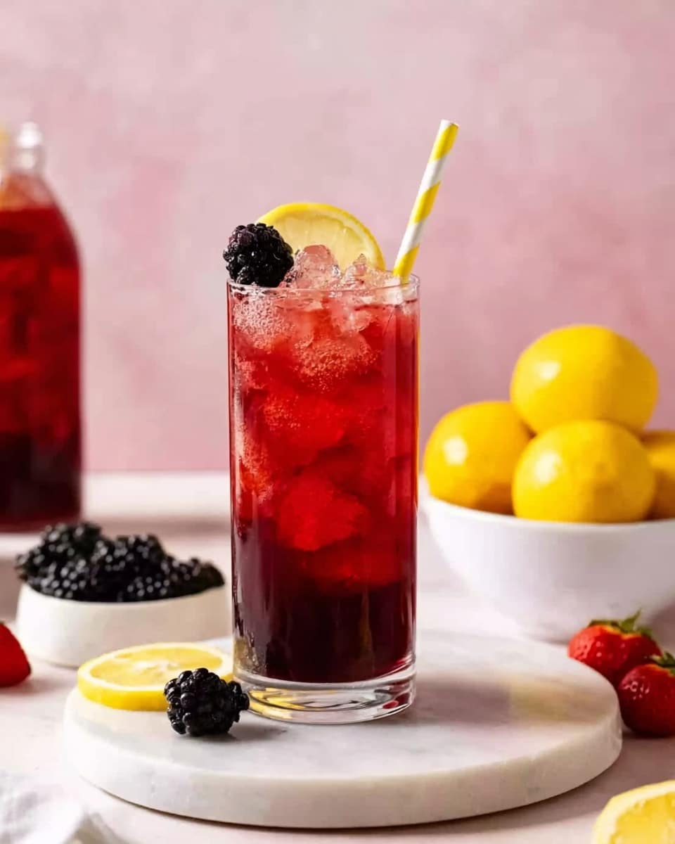 The image shows a tall, clear glass filled with a dark red drink and ice cubes. On top of the glass, there is a blackberry and a slice of lemon on the rim. A yellow and white striped straw sticks out from the glass. The glass is placed on a round white marble surface. Around the glass, there are some blackberries and a strawberry, along with a white bowl full of bright yellow lemons to the right. The background is soft pink with a blurred bottle filled with the same dark red drink behind the glass. Photo taken with an iphone --ar 4:5 --v 7