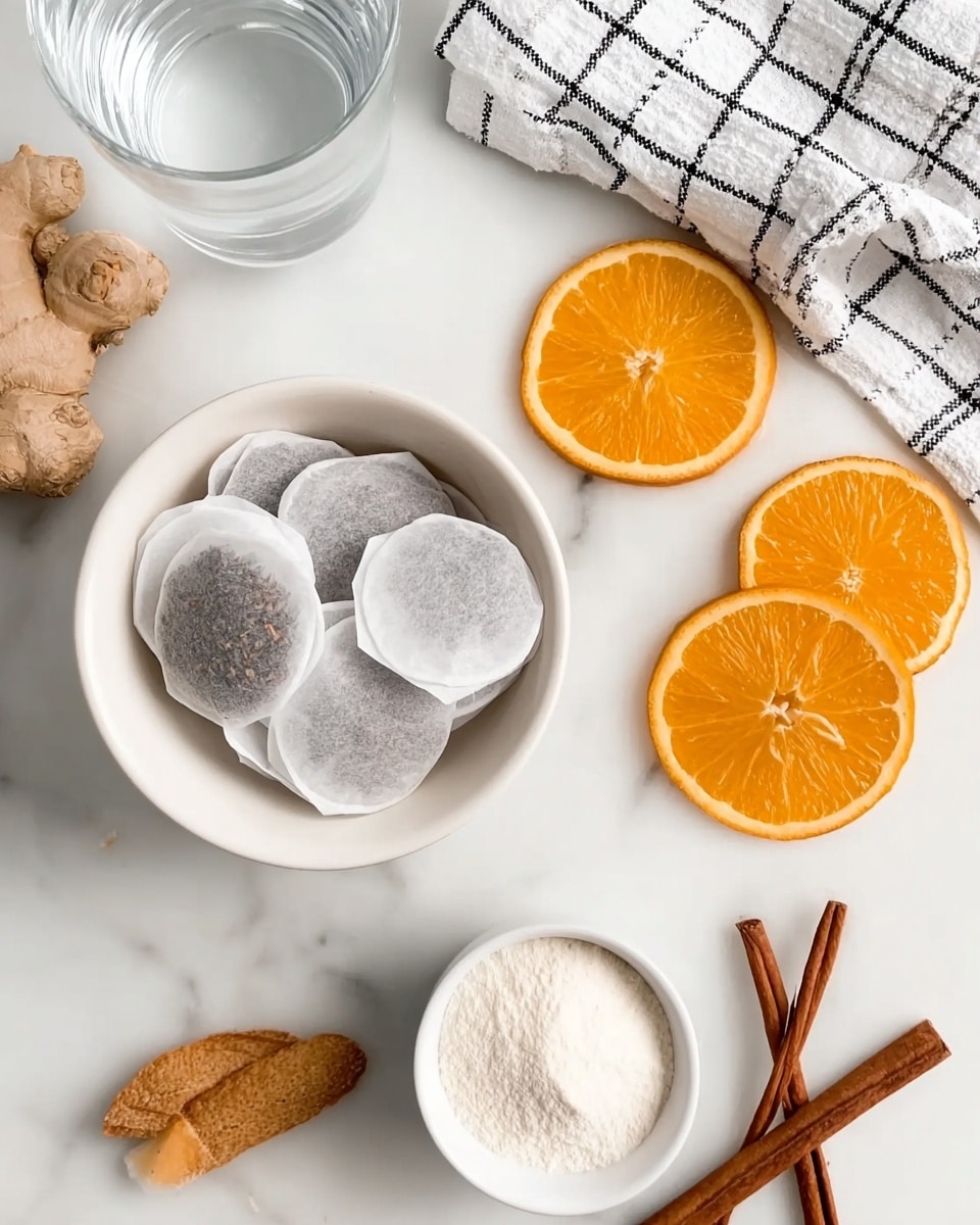 The image shows a white bowl filled with round tea bags stacked slightly unevenly. Around the bowl, there are three orange slices placed on a white marbled surface. A piece of ginger root is on the left, and to the right, there is a small white bowl filled with a white powdery substance. Two cinnamon sticks lay crossed near the bottom right corner. A glass of water is partially visible on the top left, and a white and black checkered cloth is draped on the top right side. The scene is bright and clean. photo taken with an iphone --ar 4:5 --v 7