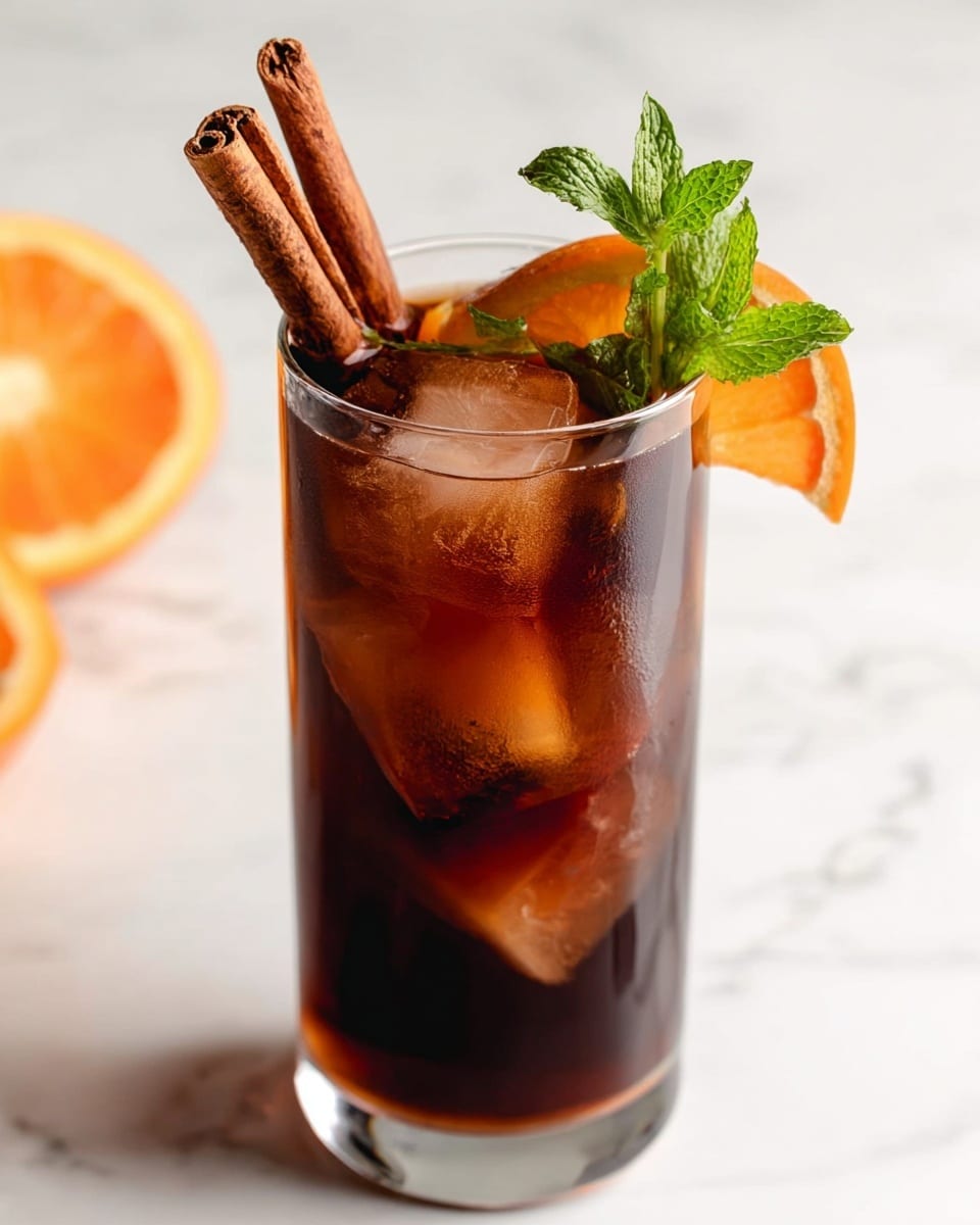 A tall clear glass filled with dark brown iced drink with several ice cubes inside making the liquid look cool and refreshing. Two cinnamon sticks stand upright on one side, behind them a small sprig of green mint leaves adds a fresh touch. On the rim of the glass sits a bright orange slice, its juicy texture visible and curved over the edge. The glass is set on a white marbled surface with soft natural light highlighting the colors and textures. photo taken with an iphone --ar 4:5 --v 7