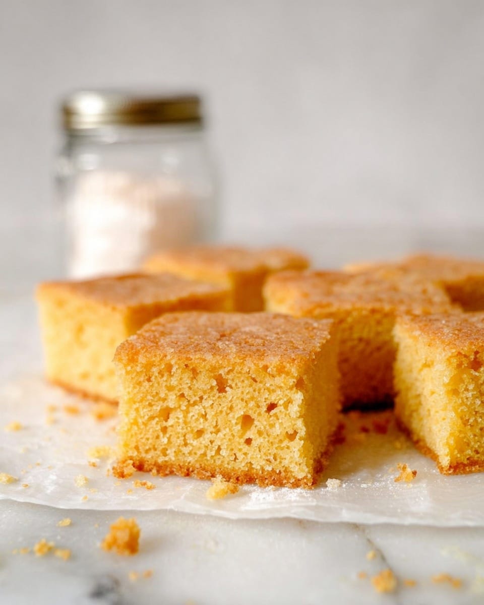 The image shows a close-up of six square pieces of a soft yellow cake with a slightly crumbly texture. The cake has a light golden brown top layer that looks slightly crunchy and evenly baked. The bottom and sides are a solid light yellow with a spongy texture and small air holes visible. These pieces are placed directly on a white marbled surface, with some crumbs scattered around. In the background, there is a blurred glass jar with a metallic lid. photo taken with an iphone --ar 4:5 --v 7