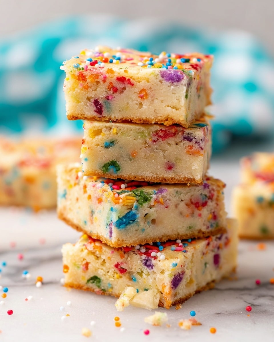 A close-up view of four stacked funfetti blondie squares on a white marbled surface. Each blondie layer has a moist, pale yellow texture filled with small colorful candy sprinkles inside and on top, showing red, blue, green, yellow, orange, purple, and white pieces. The edges are slightly golden brown, with a soft and dense crumb. Around the stack, there are scattered sprinkles and small crumbs. In the background, a soft-focus blue and white checkered cloth adds a cozy touch. photo taken with an iphone --ar 4:5 --v 7