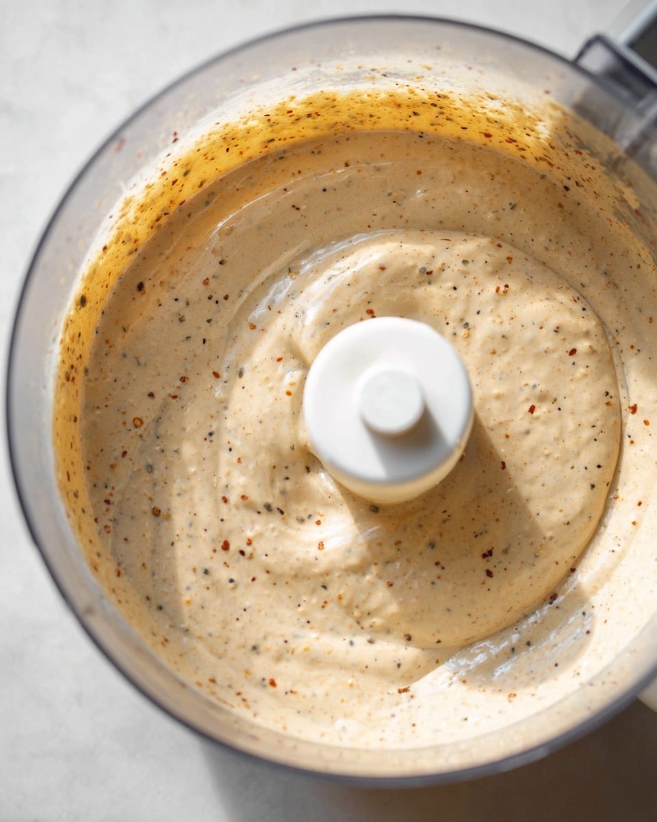 A close-up image of a creamy, light beige sauce with visible small black and red seasoning specks mixed evenly throughout. The sauce fills a clear food processor bowl, surrounding a white central blade attachment. The texture looks smooth and thick, clinging slightly to the sides of the bowl. The food processor sits on a white marbled surface, and soft natural light gently highlights the sauce's glossy finish. photo taken with an iphone --ar 4:5 --v 7