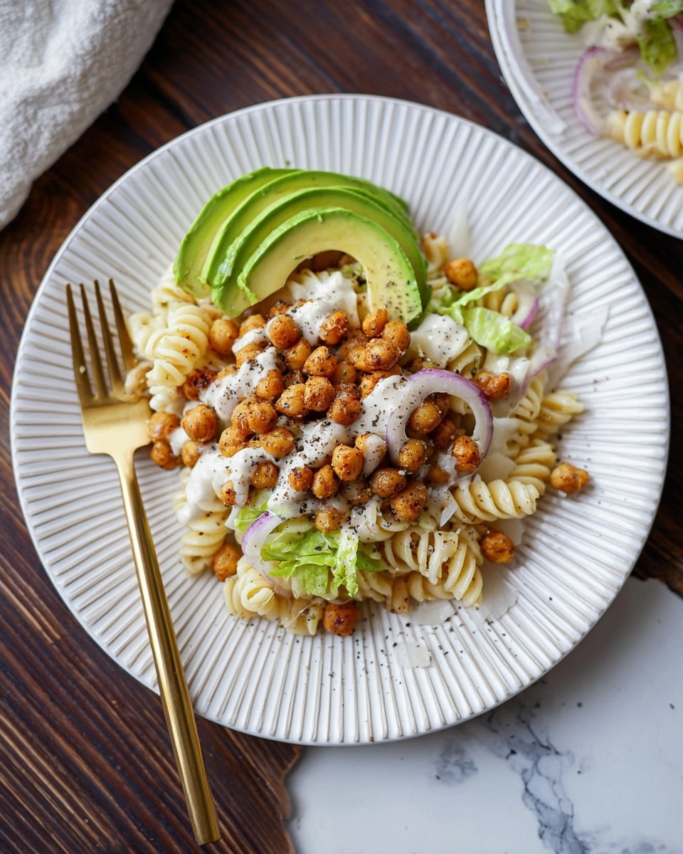 On a white plate with ridged edges, there is a dish with three main layers: the bottom layer is light-colored spiral pasta, mixed with small roasted chickpeas that are brown and crispy. On top of the pasta and chickpeas, there are pieces of light green lettuce and thin slices of red onion. The top layer has a large slice of avocado, green on the outside and yellow-green on the inside, drizzled with a creamy white sauce, sprinkled with black pepper. A gold fork rests on the left side of the plate. The plate sits on a dark wooden surface with a white marbled texture showing slightly. Photo taken with an iphone --ar 4:5 --v 7