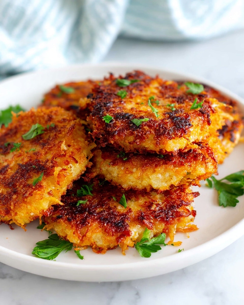 The image shows five golden-brown, crispy patties stacked loosely on a white plate placed on a white marbled surface. Each patty has a rough textured crust with small, shredded bits that add extra crunch, appearing orange and slightly burnt in spots. Tiny green parsley pieces are scattered around and on top of the patties for color contrast. The patties are thick and irregular in shape, with some charred edges visible. In the softly blurred background, a light blue and white striped cloth is partially seen. Photo taken with an iphone --ar 4:5 --v 7