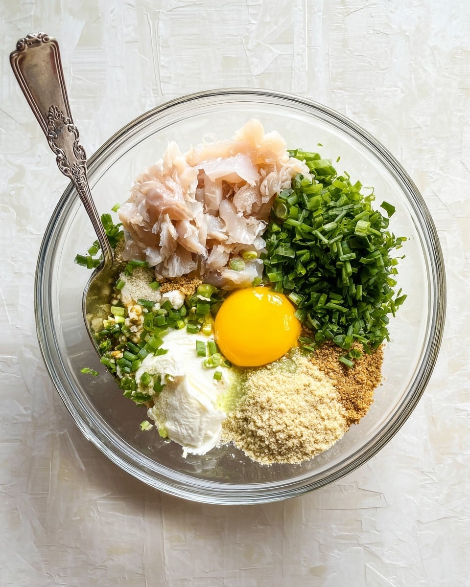 The image shows a clear glass bowl sitting on a white marbled surface, filled with several ingredients arranged in separate sections. There is light pink chopped fish, a bright yellow raw egg yolk, a pile of light green chopped herbs, a dollop of white creamy yogurt, green chopped spring onions, a beige crumbly ingredient, and a mix of white salt and brown spices next to the fish. A silver spoon rests inside the bowl, partially submerged in the ingredients. Photo taken with an iphone --ar 4:5 --v 7