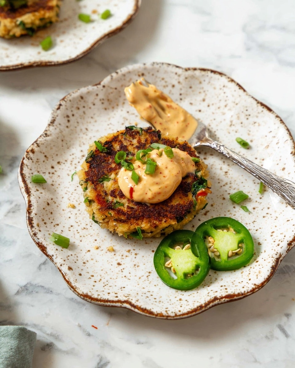 The image shows a single round, golden-brown patty with visible bits of green herbs and vegetables, placed in the center of a white speckled plate with a scalloped brown edge. On top of the patty is a dollop of light orange creamy sauce, spread loosely by a silver spoon resting on the right side of the patty. Next to the patty on the plate are three slices of fresh green jalapeño peppers with seeds showing. The plate sits on a white marbled surface with a little bit of sauce and jalapeño seeds scattered around. Photo taken with an iphone --ar 4:5 --v 7