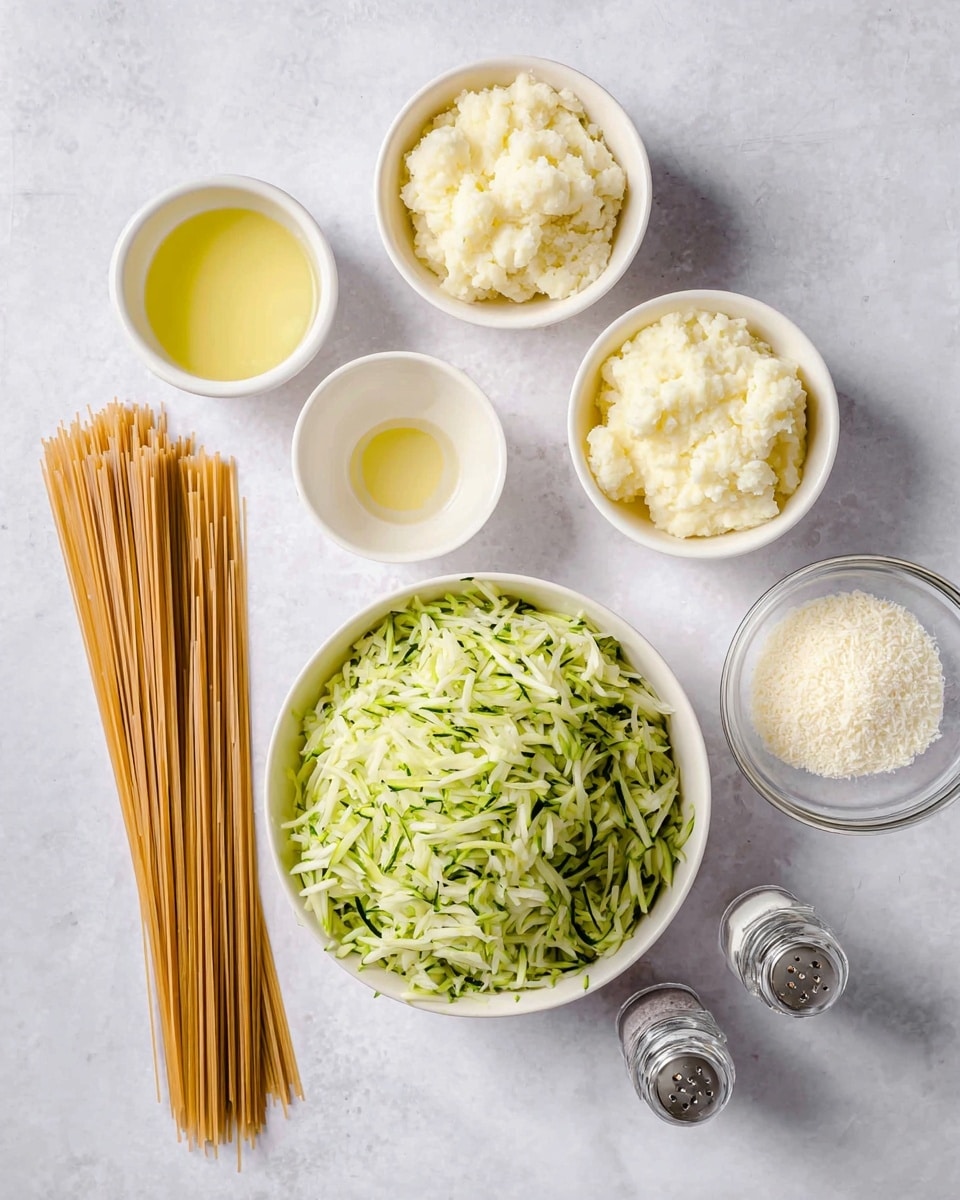The image shows several cooking ingredients neatly arranged on a white marbled surface. In the center, there is a white bowl filled with shredded green zucchini that has a soft, moist texture. To the top right, two white bowls hold finely mashed potatoes with a creamy, white appearance and melted butter with a smooth yellow surface. Near them, there are two small white bowls, one with a light yellow liquid and the other with finely minced garlic, both having a slightly wet texture. A clear glass bowl of fine white grated cheese sits on the bottom right, while two small clear salt and pepper shakers stand behind the main bowl. On the bottom left, a bunch of light brown dry spaghetti pasta strands lie straight and organized, ending the simple kitchen scene. Photo taken with an iphone --ar 4:5 --v 7