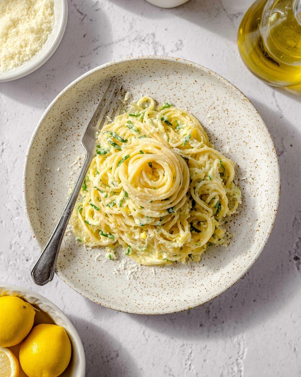 On a white speckled round plate, there is a serving of spaghetti arranged in a small swirl in the center. Around the spaghetti, a creamy mixture with pale yellow and green bits is spread, giving a soft, textured look. A silver fork lies on the left side of the plate, its handle resting on the plate's edge and tines touching the food. The background is a white marbled surface, with a small white bowl of grated cheese at the top left, a clear bottle with yellow oil near the top right, and a small white dish with sliced and whole lemons at the bottom left. The lighting is bright and natural, making the colors clear and fresh. photo taken with an iphone --ar 4:5 --v 7
