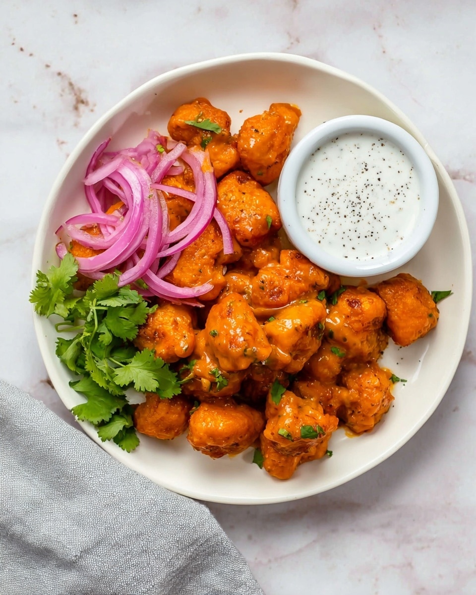 A white round plate holds many small orange pieces coated in a thick sauce, arranged mostly on the left and top sides of the plate. On top of some pieces, there are thin, curled strips of purple pickled onions and a small bunch of fresh green cilantro leaves. On the right side of the plate, there is a small white bowl with a creamy white sauce speckled with black pepper. The plate sits on a white marbled surface with a light gray cloth partially visible at the bottom left. photo taken with an iphone --ar 4:5 --v 7