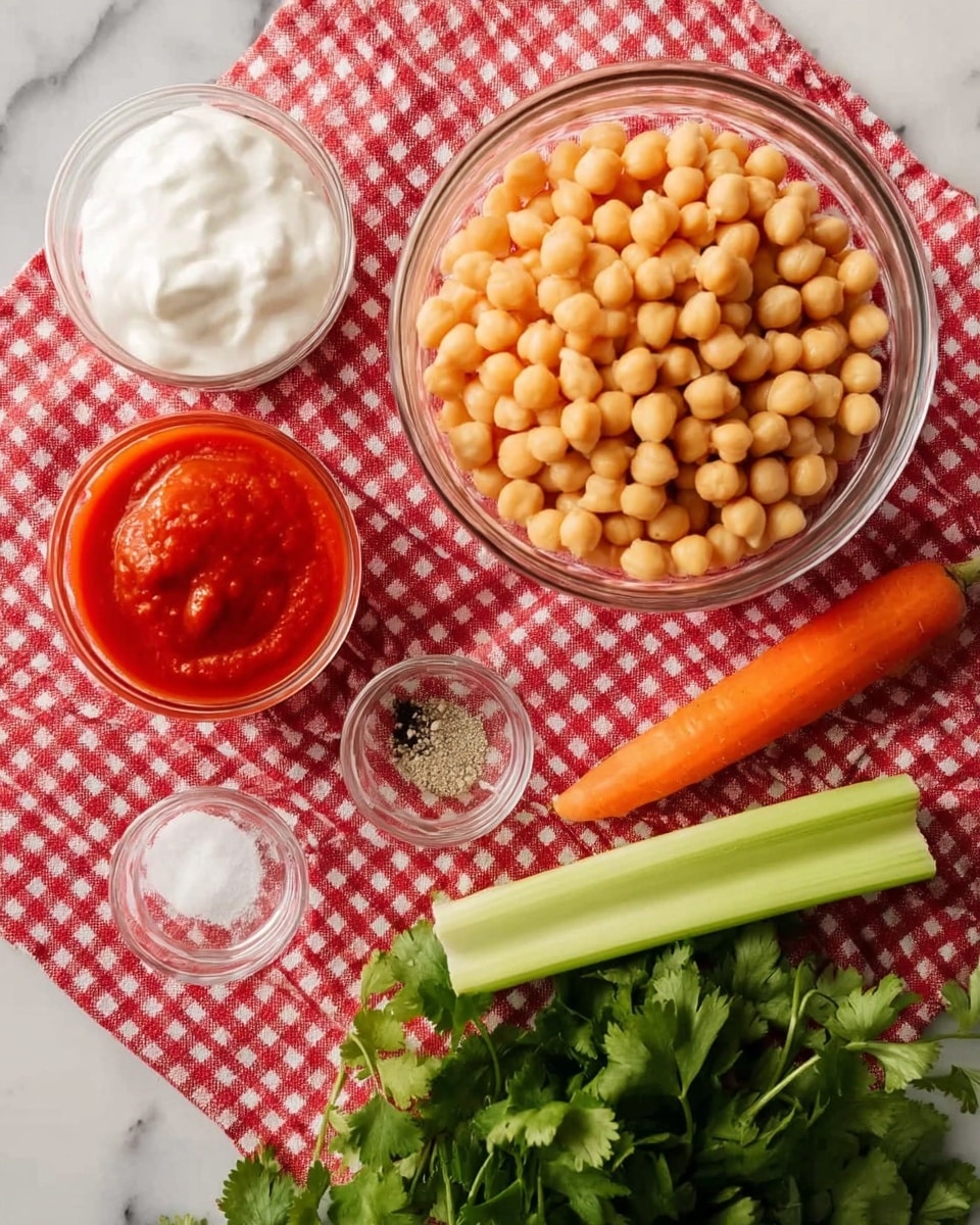 The image shows five ingredients arranged on a red and white checkered cloth atop a white marbled surface. In the center, there is a clear glass bowl filled with light golden chickpeas. Above it to the left, there is a small clear glass bowl with thick white yogurt. To the left of the chickpeas, a small clear glass bowl with bright red tomato sauce is placed. Below the chickpeas, there is a tiny clear glass bowl holding white salt and black pepper. On the right side, there is a long orange carrot and a pale green celery stick, both lying flat. In the bottom right corner, a bunch of fresh green cilantro leaves is spread out. Photo taken with an iphone --ar 4:5 --v 7