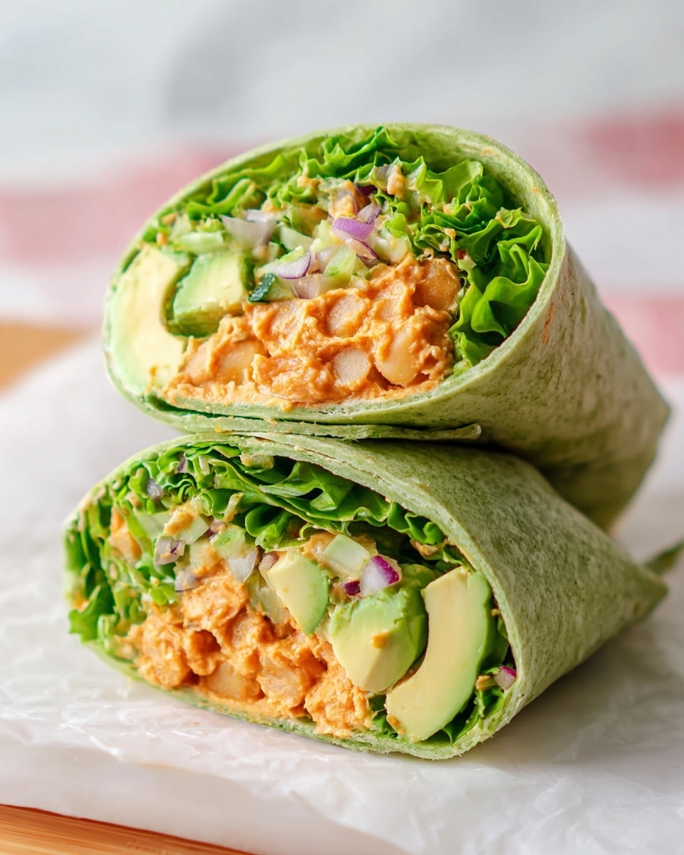 The image shows a wrap cut in half and stacked on top of each other on white paper on a white marbled surface. The wrap has four main layers visible: the outer green tortilla, a layer of green leafy lettuce mixed with lighter green bits of chopped vegetables, a thick orange layer of a creamy chickpea-like filling, and slices of light green avocado near the center. There are also small pieces of purple onion mixed with the filling. The filling and vegetables appear fresh and moist, and the wrap is neatly cut with a clean cross-section. photo taken with an iphone --ar 4:5 --v 7