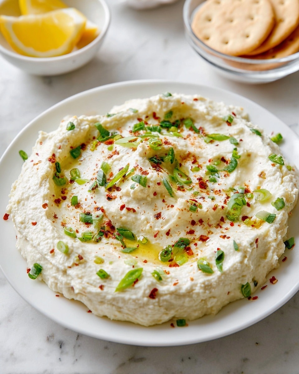 A shallow white plate holds a single layer of creamy, off-white dip with a textured, slightly whipped surface. The dip has small swirls and peaks, topped with scattered green chopped herbs and sliced green onions. Red chili flakes are sprinkled lightly over the top, and there is a thin layer of golden olive oil pooled in the center. In the background, there is a small white bowl with a lemon wedge and another clear glass bowl filled with light brown crackers, all set on a white marbled surface. Photo taken with an iphone --ar 4:5 --v 7