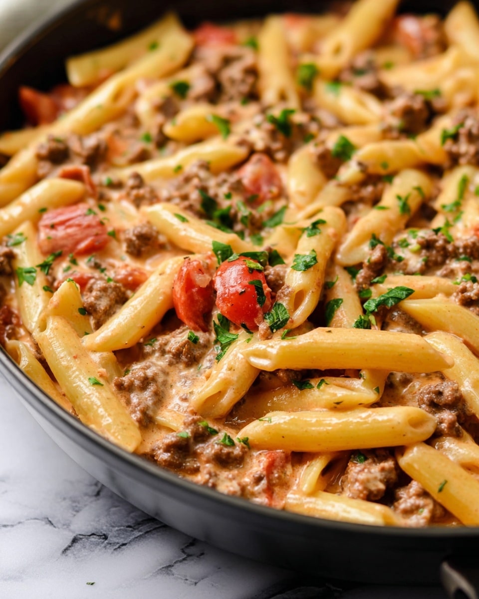 A close-up view of a black pan filled with creamy pasta that has three main layers: creamy light brown sauce with a smooth texture, tender ground meat pieces in medium brown scattered throughout, and cooked penne pasta tubes in a soft yellow color mixed together. Small chopped red tomatoes add bright spots, while tiny green chopped herbs sprinkled on top add freshness. The pan sits on a white marbled surface. Photo taken with an iphone --ar 4:5 --v 7