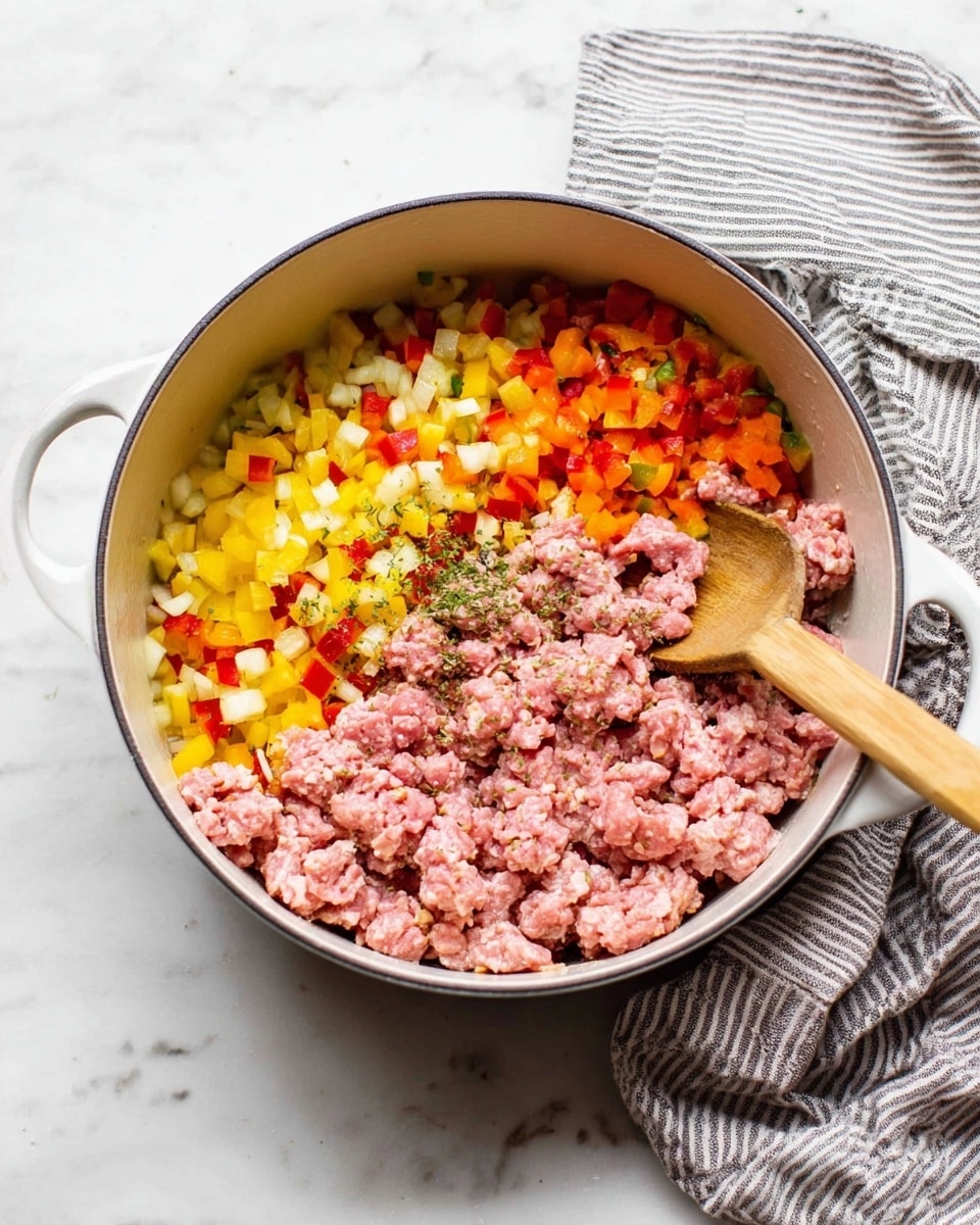 A white pot filled with three main layers of ingredients, placed on a white marbled surface. The bottom layer shows a mix of small diced yellow and red vegetables scattered evenly. On top of that, there are chunks of raw pink ground meat spread in the middle. To the right side, a wooden spoon with a light brown handle is stirring the ingredients. A striped cloth napkin in gray and white is placed beside the pot to the right. Photo taken with an iphone --ar 4:5 --v 7