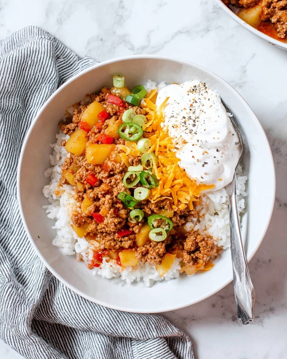 A white bowl holds a three-layer dish on a white marbled surface; the bottom layer is white rice with a slightly fluffy texture, topped with a mix of ground meat, diced yellow potatoes, and small pieces of red bell pepper, sprinkled with shredded orange cheddar cheese and a few slices of green onion. On the side of the meat mixture, there is a dollop of white sour cream with black pepper flakes on top. A silver fork rests inside the bowl, angled slightly downward into the food. A striped gray and white cloth is partially visible near the bowl. photo taken with an iphone --ar 4:5 --v 7