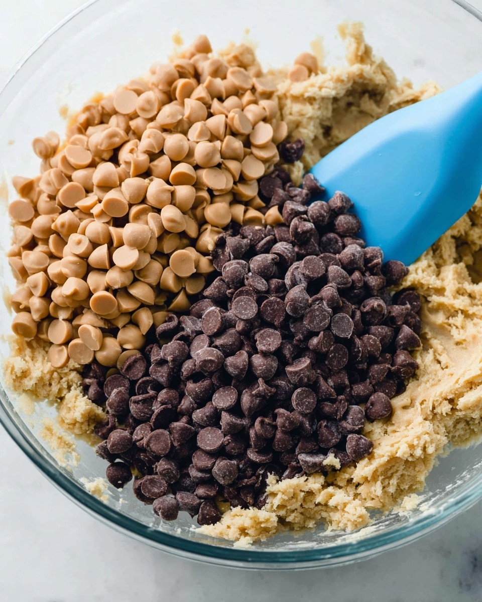 The image shows a close-up of a clear glass bowl filled with a beige, sticky dough on the bottom layer. On top of the dough, there are two large piles of chocolate chips one pile is light brown and the other pile is dark brown, both having a smooth, slightly shiny texture. A bright blue spatula is inserted into the dough from the top right corner, resting on the dough under the chips. The background surface is white marbled, giving a clean and bright look to the scene. photo taken with an iphone --ar 4:5 --v 7