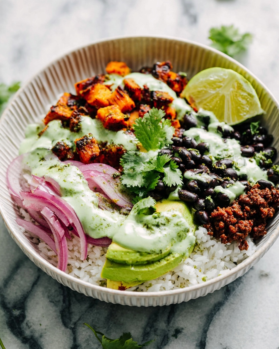 A close-up view of a rice bowl with five different layers. The bottom layer is white rice with a fluffy texture. On top, there are small, dark brown cooked ground pieces on the right side and small black beans next to them. On the left side, there are small orange cubes with a charred look, and below them, thin slices of pink-red onions. Bright green slices of avocado are placed near the bottom with a drizzle of light green creamy sauce over most ingredients. Fresh cilantro leaves and a small lime wedge with a leaf on top are positioned near the center. The bowl is white with ridged texture and the background has a white marbled surface. Photo taken with an iphone --ar 4:5 --v 7