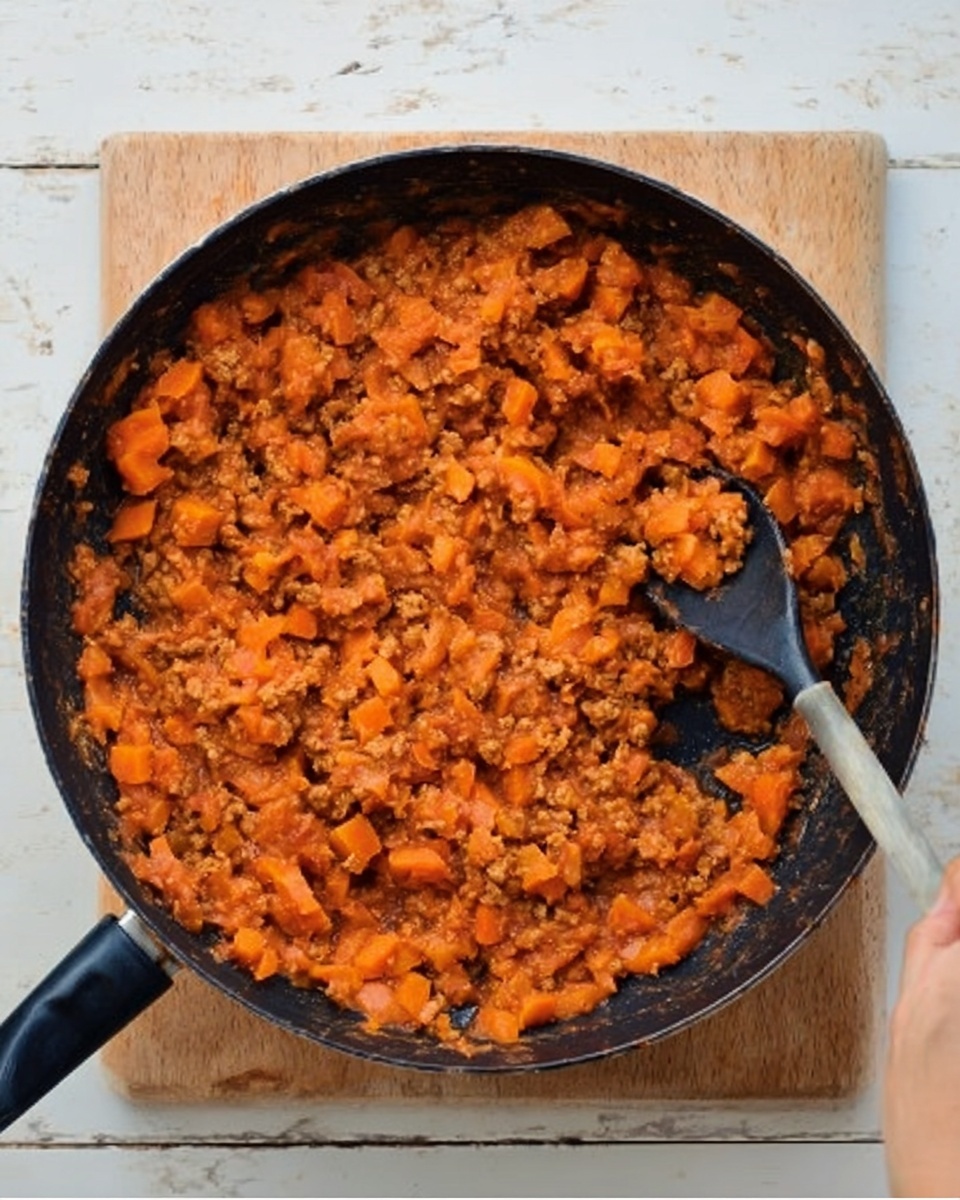 A black frying pan filled with a thick orange and brown mixture of cooked ground meat and diced vegetables, mainly carrots. The mixture has a chunky texture and spreads evenly across the pan. A black spoon handle is placed inside the pan, with a woman's hand holding the spoon and stirring the food. The pan is set on a light wooden board, all on a white marbled surface. photo taken with an iphone --ar 4:5 --v 7