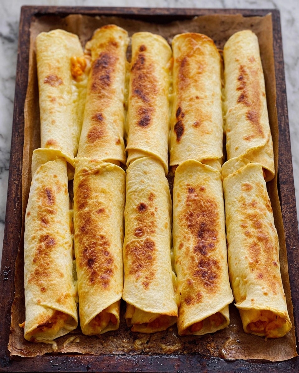 The image shows eight rolled tortillas lined up side by side on a baking sheet covered with browned parchment paper. Each tortilla is golden yellow with some light browning and slight crisp edges, and a few have small spots of melted cheese and bits of orange filling peeking out from inside. The top texture of the tortillas looks soft with slight wrinkles and a warm, baked color ranging from pale yellow to light brown. The baking sheet underneath is dark and shows some small grease spots and slight charring around the edges of the tortillas. The background surface is a white marbled texture. photo taken with an iphone --ar 4:5 --v 7