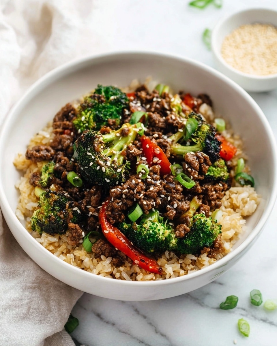 A white bowl filled with layers of food sits on a white marbled surface. The bottom layer is light brown rice, looking fluffy and soft. On top of the rice are pieces of cooked ground meat, dark brown with a shiny glaze. Bright green broccoli florets and slices of red bell pepper are mixed throughout the meat. Small green onion pieces are sprinkled on top, adding a fresh pop of color. The dish is lightly sprinkled with white sesame seeds, adding texture and detail. A small white bowl filled with sesame seeds sits blurred in the background. photo taken with an iphone --ar 4:5 --v 7