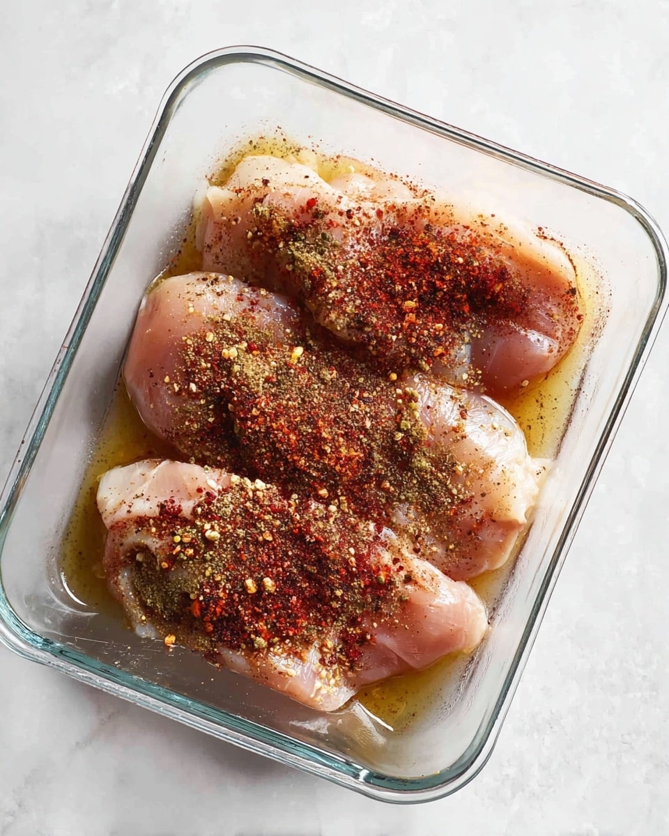 In a clear glass rectangular dish resting on a white marbled surface, there are three raw pale pink chicken pieces lying flat, side by side. On top of the chicken, there is a layer of various dry spices scattered unevenly, showing deep red, brown, and beige colors with a grainy texture, covering the surfaces mostly toward the center and edges of each piece. The chicken looks moist with a slight shine from a thin layer of oil that pools slightly beneath the pieces. Photo taken with an iphone --ar 4:5 --v 7