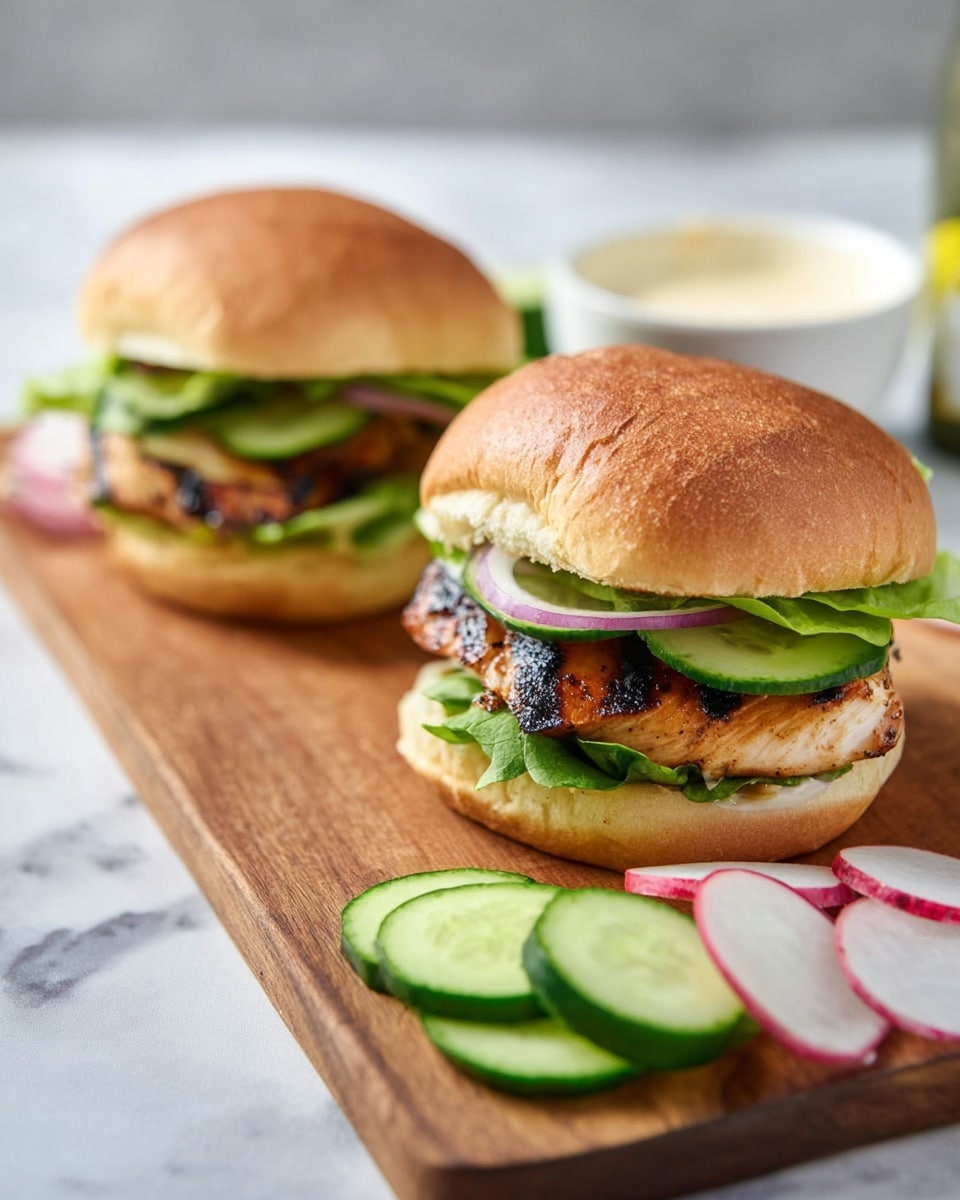 Two grilled chicken sandwiches sit on a wooden board with a white marbled surface beneath it. Each sandwich has a soft, golden-brown bun top, followed by a layer of bright green lettuce, a piece of grilled chicken with dark grill marks, slice of cucumber, and thin rings of red onion at the bottom. Several cucumber and radish slices are placed next to the wooden board. A small white bowl with a creamy sauce is in the background, slightly blurred. Photo taken with an iphone --ar 4:5 --v 7