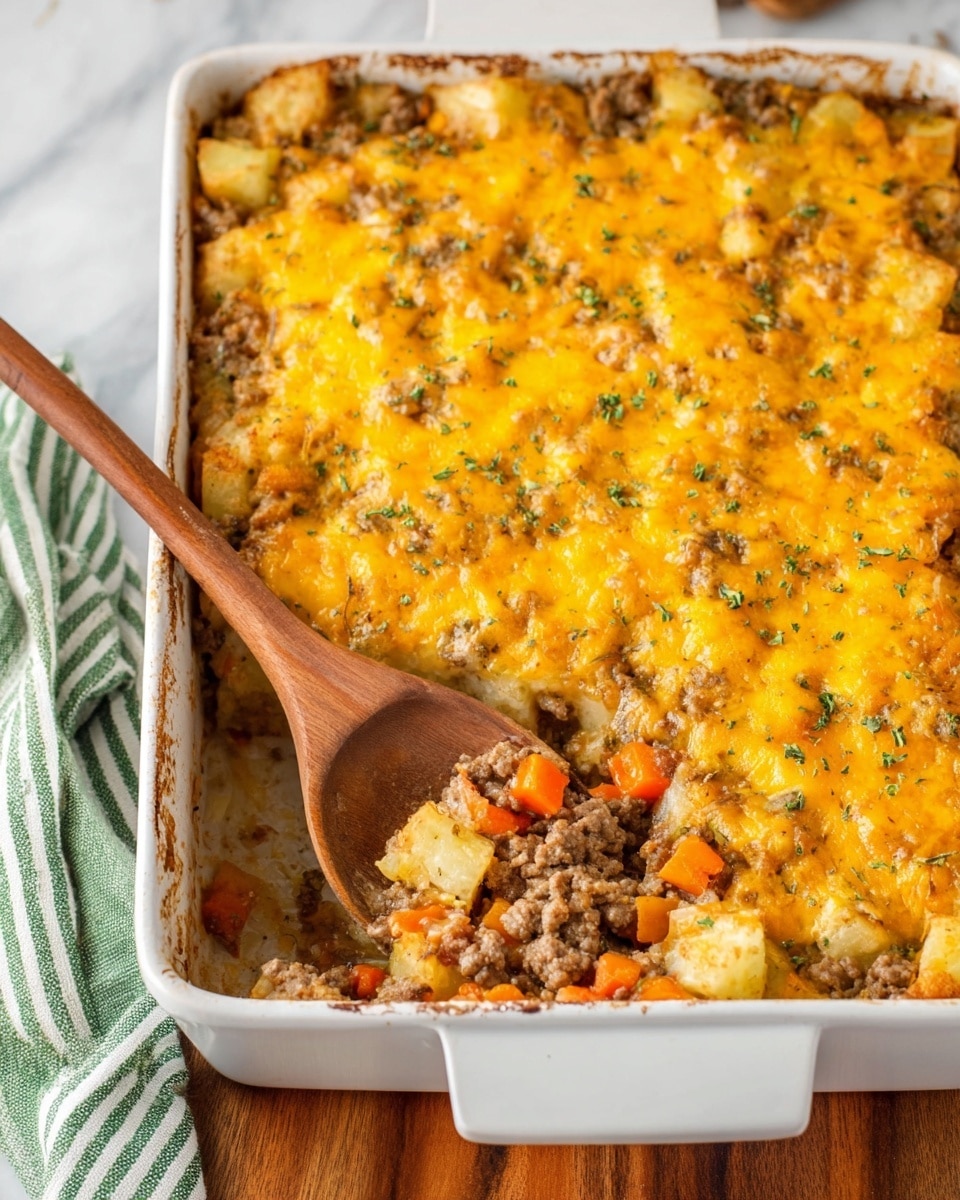 A white rectangular baking dish filled with a baked casserole showing three main layers visible on the top: a mix of browned ground meat and diced potatoes and carrots, covered with a layer of melted yellow cheddar cheese, sprinkled with green herbs. The casserole has a slightly browned edge crust and a wooden spoon scooping a portion from the bottom center, revealing the mix inside with its chunky texture and soft vegetables. The baking dish is placed on a white marbled surface with part of a green-striped towel visible on the left. Photo taken with an iphone --ar 4:5 --v 7