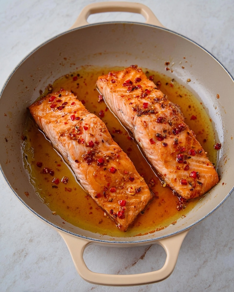 Two pieces of cooked salmon fillets lay in a light gray pan with two beige handles, the salmon is covered with a glossy orange sauce with small red chili pieces spread over the top. The salmon has light pink flesh with visible flaked texture and a slightly browned surface. The pan holds a thin layer of oil that reflects light around the salmon. The whole scene rests on a white marbled surface. Photo taken with an iphone --ar 4:5 --v 7