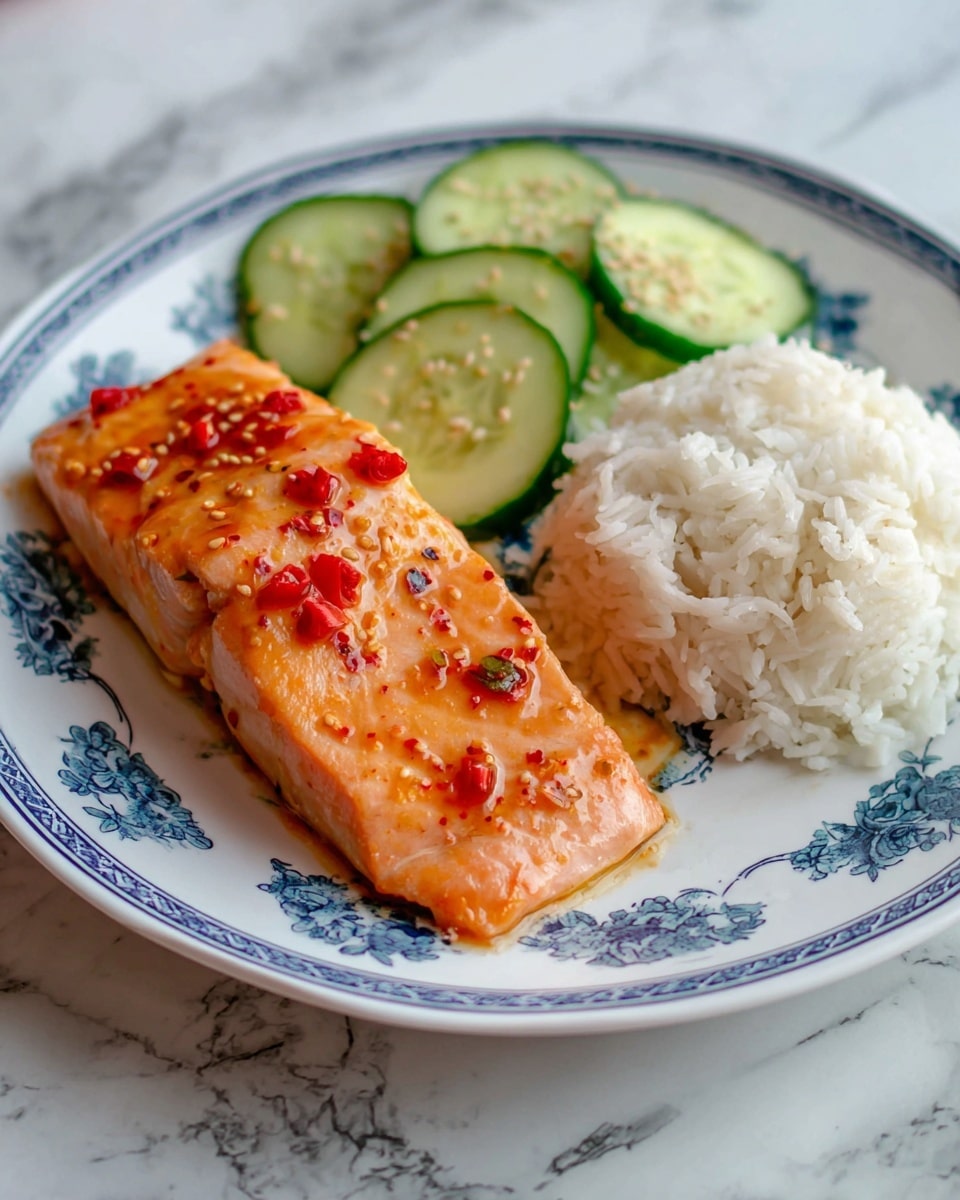 The dish is served on a white plate with blue patterns around the edge, placed on a white marbled surface. It has three main parts: on the left, a piece of baked salmon with a shiny orange glaze dotted with small red flakes and black pepper, showing a soft, flaky texture inside. Above the salmon, there are thin, round slices of light green cucumber topped with small sesame seeds. On the right side, there is a mound of white steamed rice with a fluffy texture, grains sticking lightly together. The arrangement is neat with clear separation between each part. photo taken with an iphone --ar 4:5 --v 7