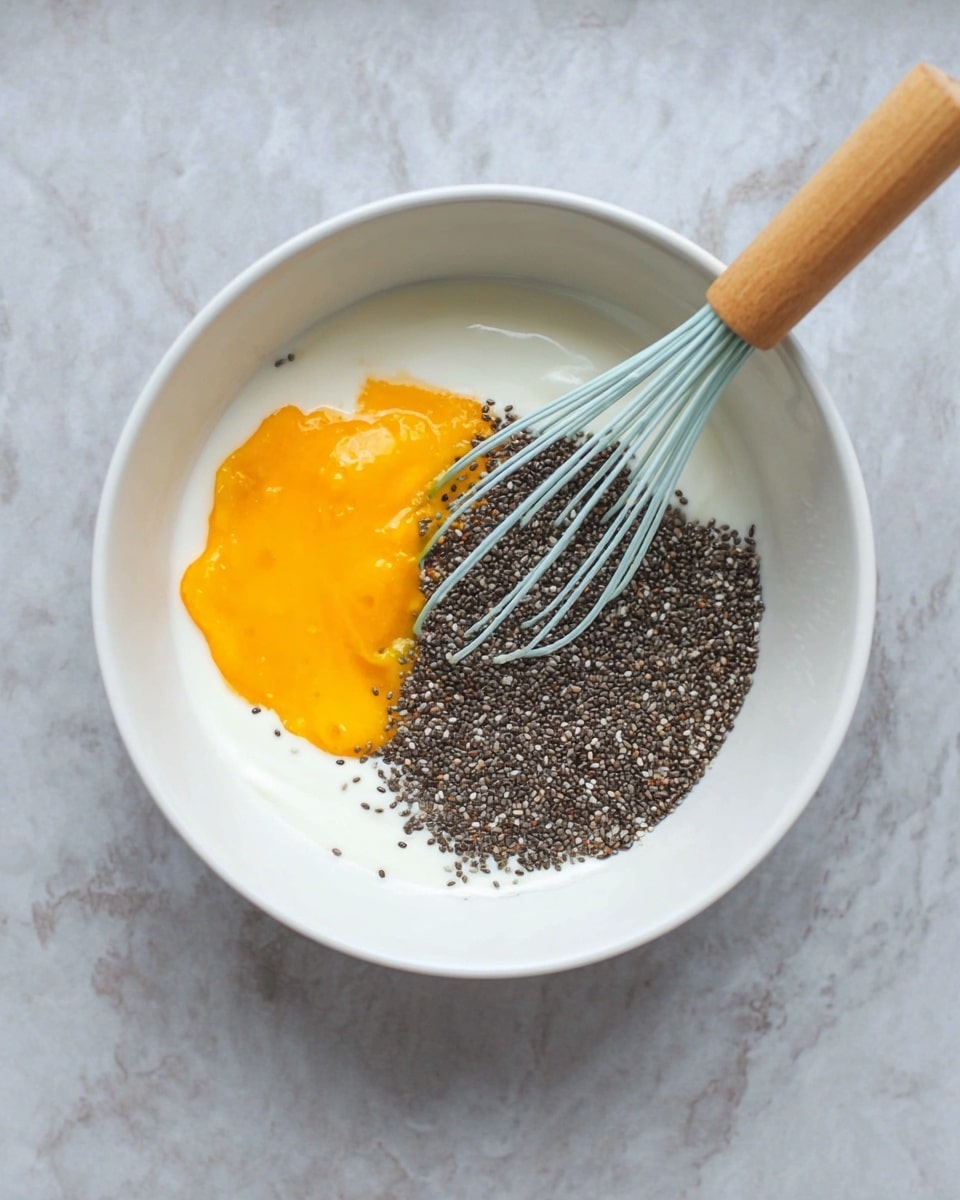 In a white bowl, there are three visible layers before mixing: a smooth, white yogurt base that covers the bottom, a bright orange mango puree placed on the left side, and a large pile of dark, tiny chia seeds on the right side. A light blue whisk with a wooden handle is partly touching the chia seeds, angled from the top right corner, ready to mix. The bowl sits on a white marbled surface. photo taken with an iphone --ar 4:5 --v 7