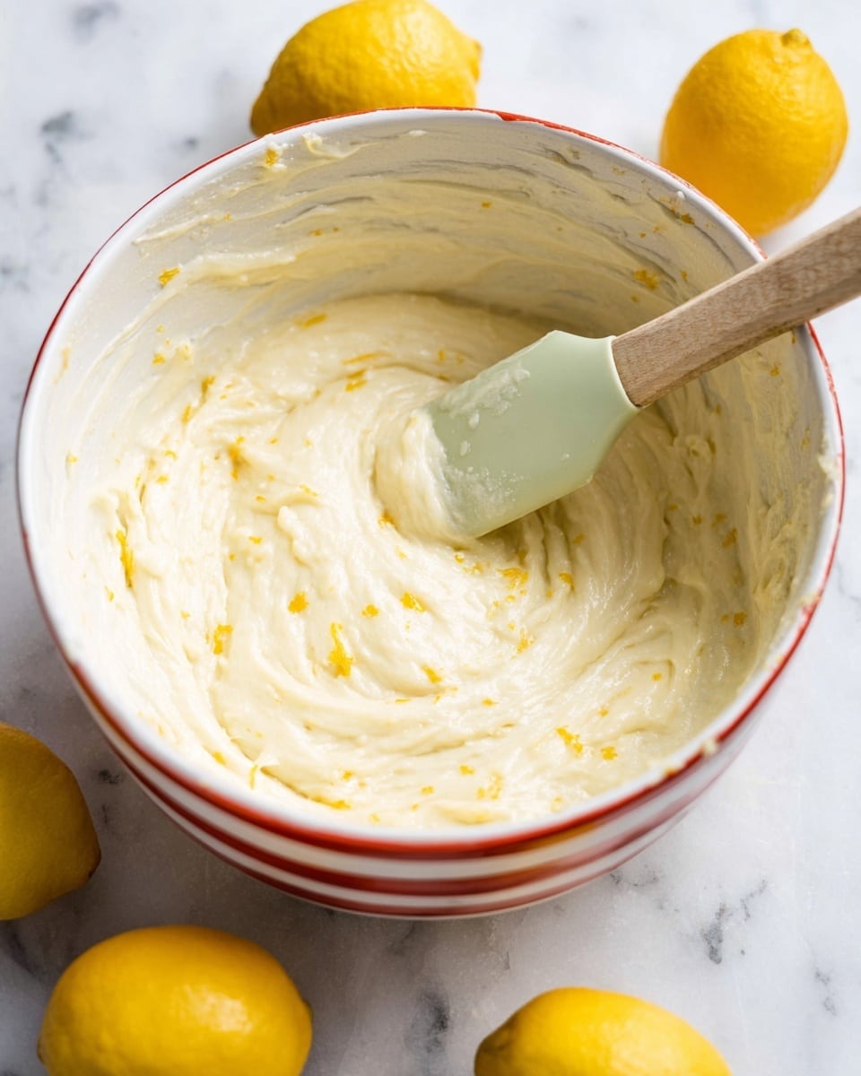 A white bowl with red stripes on the outside contains a thick, creamy mixture that is pale yellow with small bits of lemon zest visible throughout. A spatula with a wooden handle and a pale green silicone tip rests inside the bowl, partially covered in the mixture. The bowl sits on a white marbled surface, and three bright yellow lemons are placed around it, adding a fresh and vibrant touch. The texture of the mixture looks smooth with some small bubbles and folds. Photo taken with an iphone --ar 4:5 --v 7
