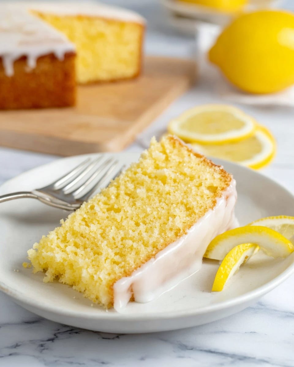 A slice of yellow lemon cake with a crumbly texture and a thin white icing layer on the bottom side sits on a white plate. Behind the slice, a fork holds a smaller piece of the cake. Two thin lemon wedges with bright yellow skin and pale yellow inside rest near the fork. The background is a white marbled texture with a blurry hint of wooden cutting board and a whole lemon in the upper left corner. Photo taken with an iphone --ar 4:5 --v 7