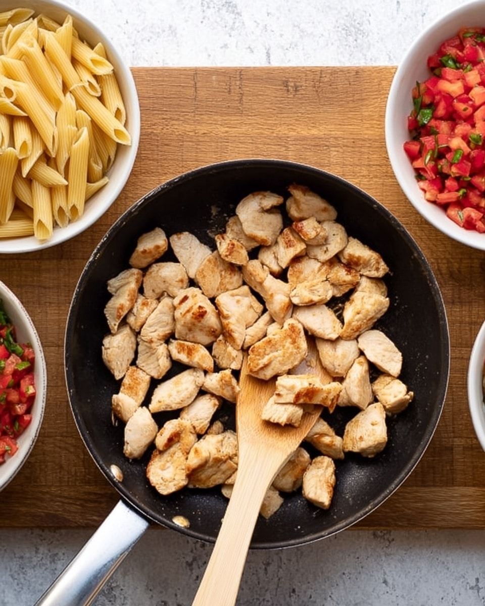 The image shows a black frying pan placed on a wooden board with cooked light brown chicken pieces inside. A wooden spoon with a light beige handle is resting in the pan, stirring the chicken pieces. To the left of the pan, there is a white bowl filled with plain cooked penne pasta. To the right of the pan, there is another white bowl with a colorful mix of chopped red tomatoes and herbs. The background surface is a white marbled texture. Photo taken with an iphone --ar 4:5 --v 7