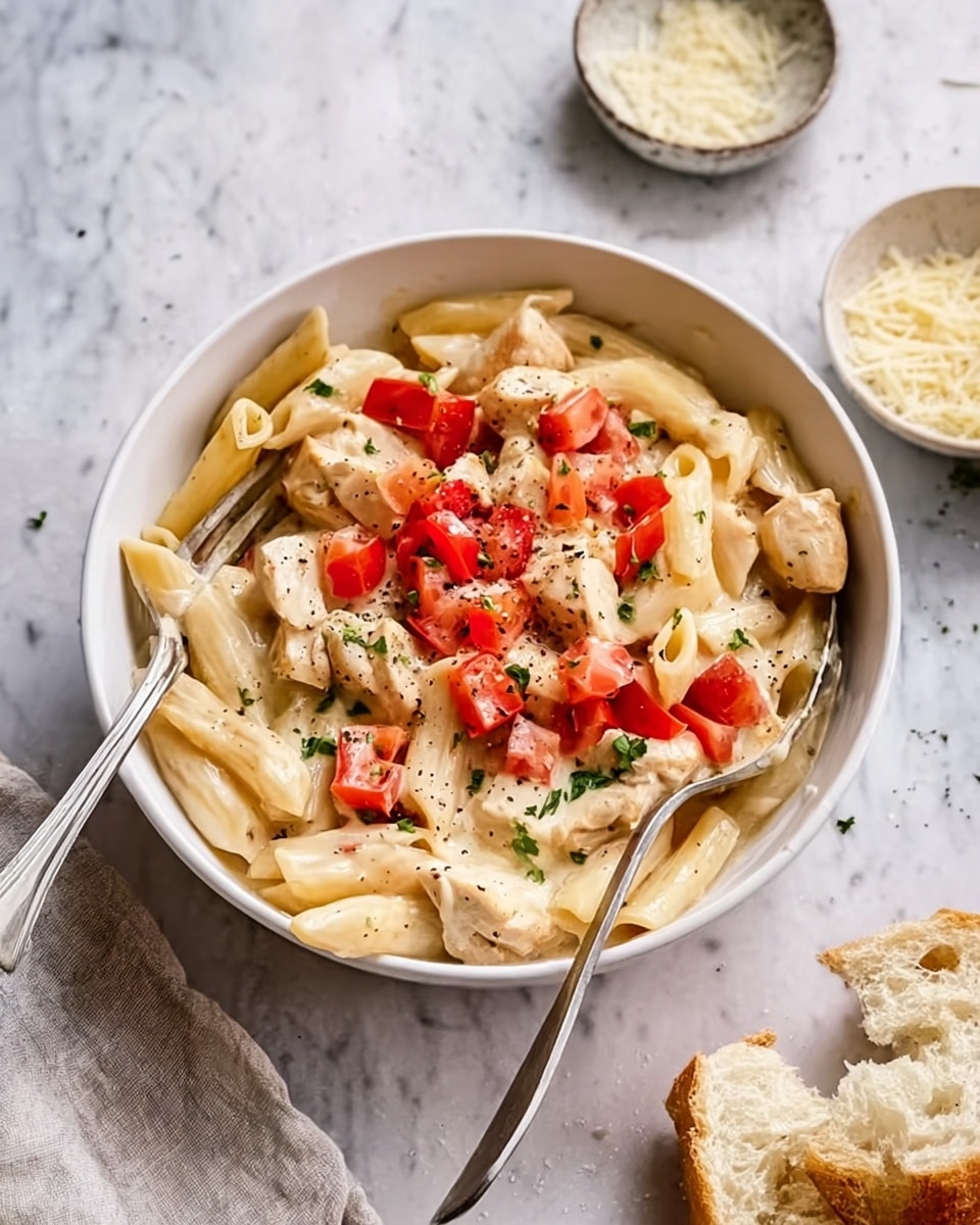 The image shows a bowl of creamy pasta with pieces of chicken and diced red tomatoes on top. The pasta is penne, coated in a smooth, light-colored sauce, filling the white bowl halfway. The chicken pieces are small and mixed in with the pasta, while the tomatoes sit on the top, adding bright red color. Small green herbs are scattered over the dish, and some black pepper or seasoning is sprinkled lightly. A fork and spoon rest inside the bowl on the left side. The bowl sits on a white marbled surface with a piece of bread on the right and a small bowl with grated cheese in the background. Photo taken with an iphone --ar 4:5 --v 7