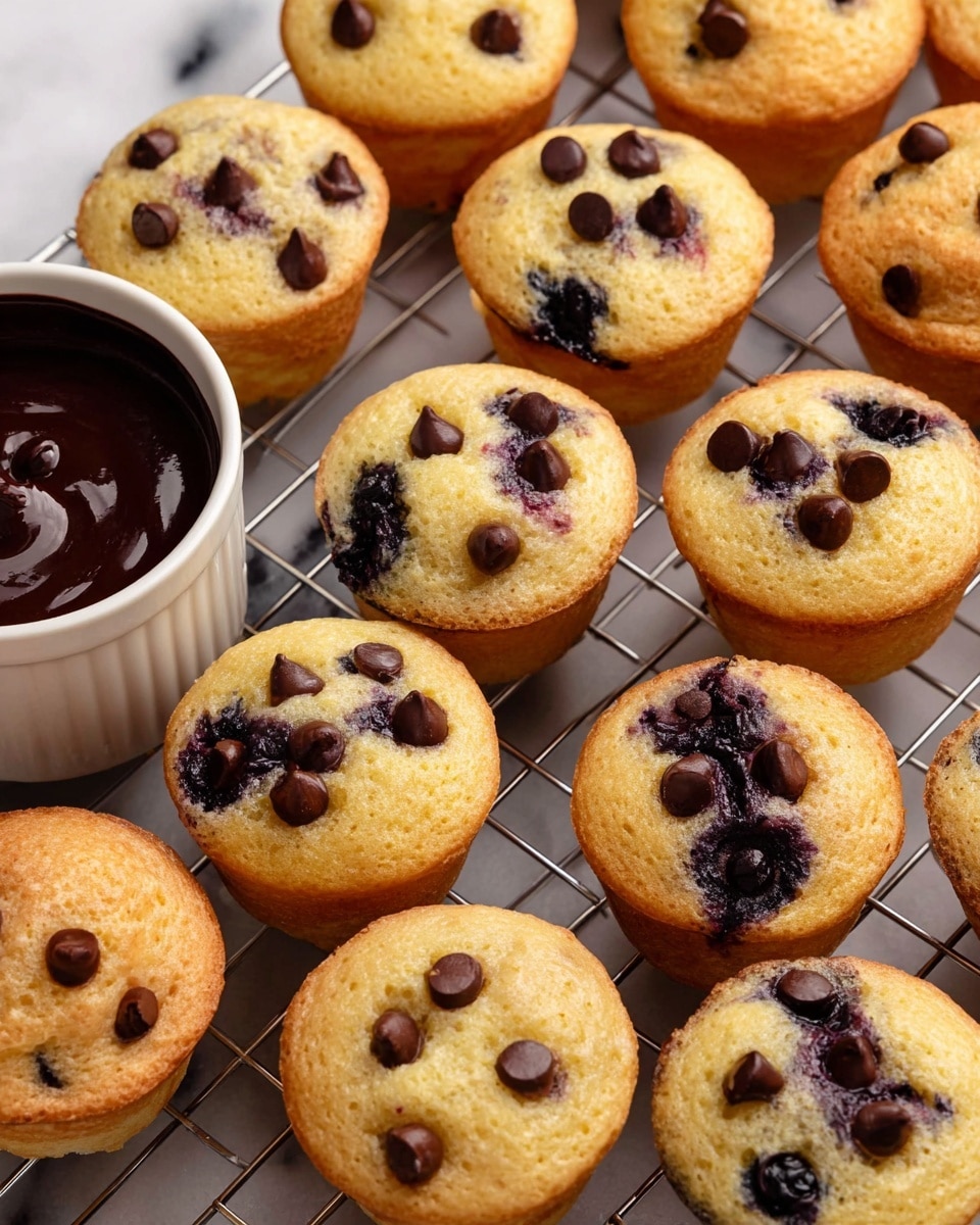 A collection of small muffins arranged closely on a cooling rack over a white marbled texture, with two clear types visible: one with dark purple blueberries partially sunken into the light golden top layer, and the other topped with scattered small dark brown chocolate chips embedded in the same golden muffin surface. To the left side, a white ramekin filled with a thick dark chocolate sauce is placed next to the muffins. The muffins show a soft, slightly raised texture with a warm baked color on the bottom edges. photo taken with an iphone --ar 4:5 --v 7