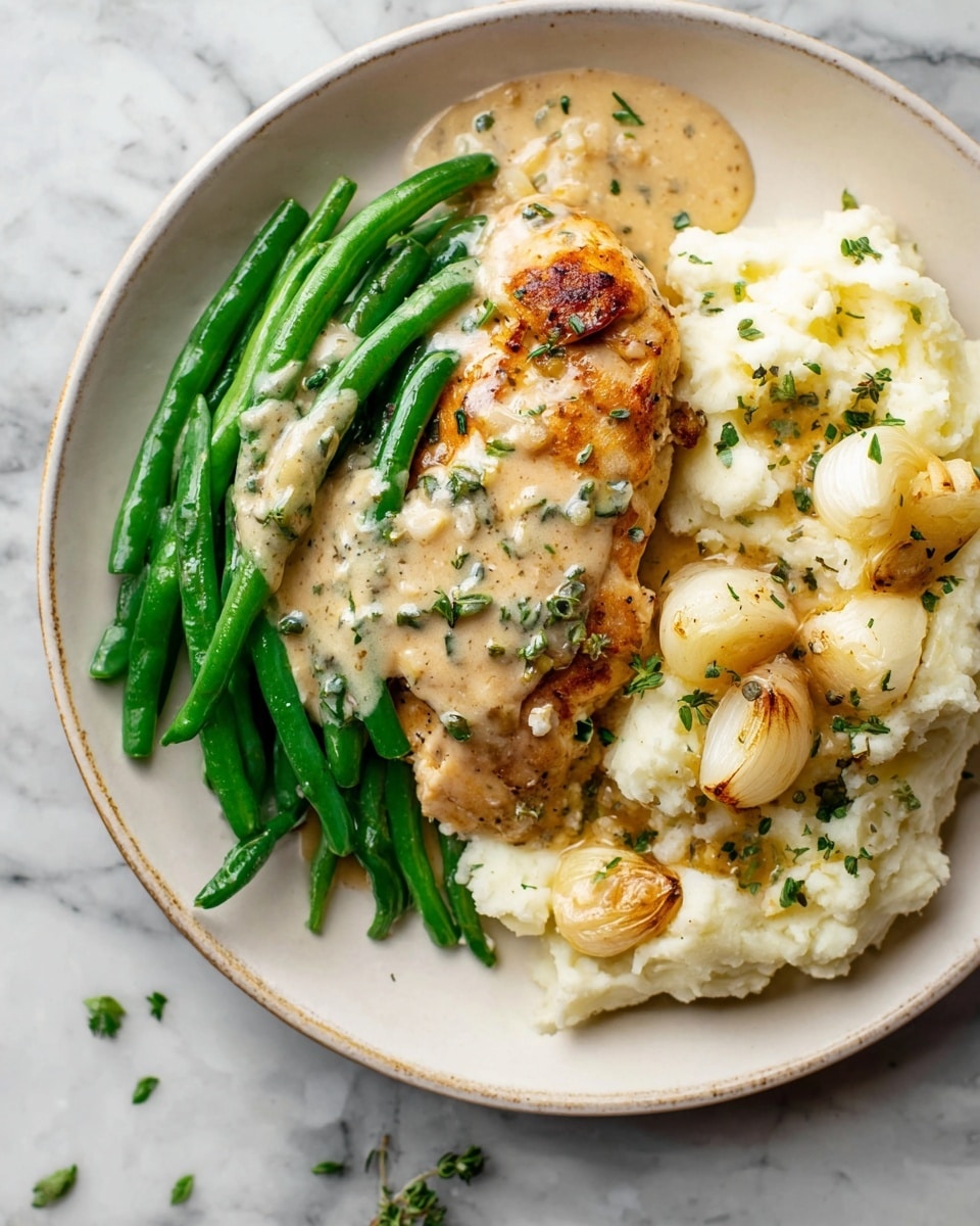 A round white plate holds a meal with three main layers: on the left, bright green steamed green beans topped with a light creamy sauce; in the center, a golden brown cooked chicken piece covered with the same creamy sauce and finely chopped green herbs; on the right, white mashed potatoes with a creamy sauce, roasted garlic cloves, and sprinkled green herbs. The plate rests on a white marbled surface with a few small green herb pieces scattered nearby. photo taken with an iphone --ar 4:5 --v 7