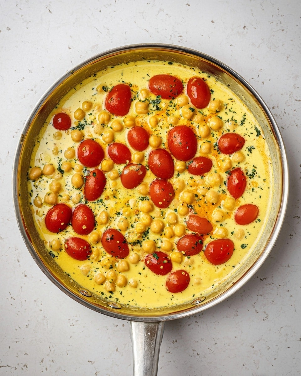 A round silver pan filled with a creamy yellow sauce base covers the bottom, with small light yellow chickpeas spread evenly across the surface. Bright red grape tomatoes are scattered on top, contrasting with the sauce and chickpeas. Small flecks of green herbs are sprinkled throughout the sauce, adding detail and color. The pan rests on a white marbled textured surface. photo taken with an iphone --ar 4:5 --v 7