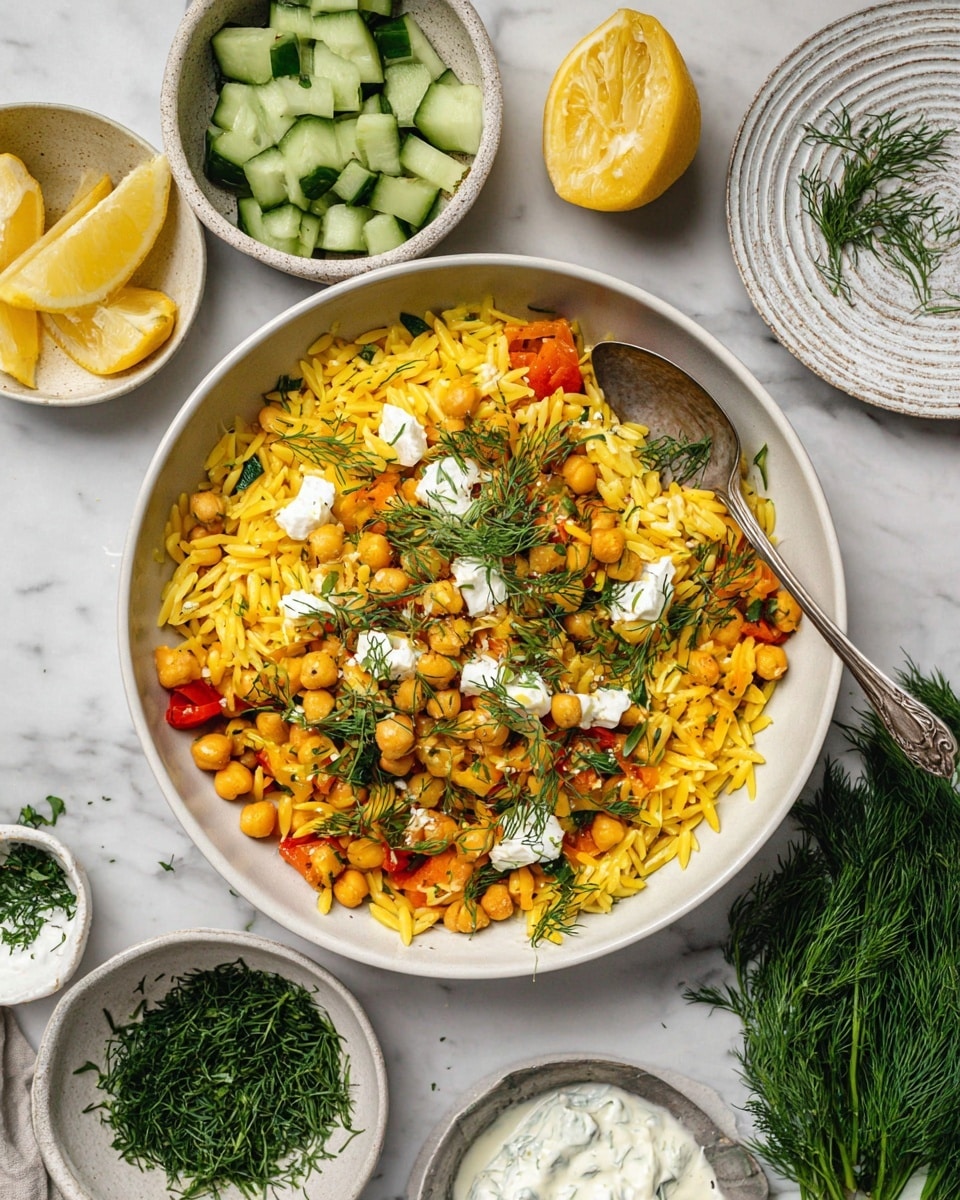 A round white bowl is filled with three main layers: bright yellow orzo pasta at the base, topped with golden chickpeas mixed with orange roasted pepper chunks, and scattered green herbs like dill. On top, there are small dollops of white cheese and pieces of fresh cucumber, along with a lemon wedge resting on the side. A vintage silver spoon sits inside the bowl. Around it, there is a small white bowl with cubed cucumber, a half lemon on a textured white plate, fresh dill sprigs, and small bowls of green chopped herbs and creamy white sauce. All items rest on a white marbled surface. Photo taken with an iphone --ar 4:5 --v 7